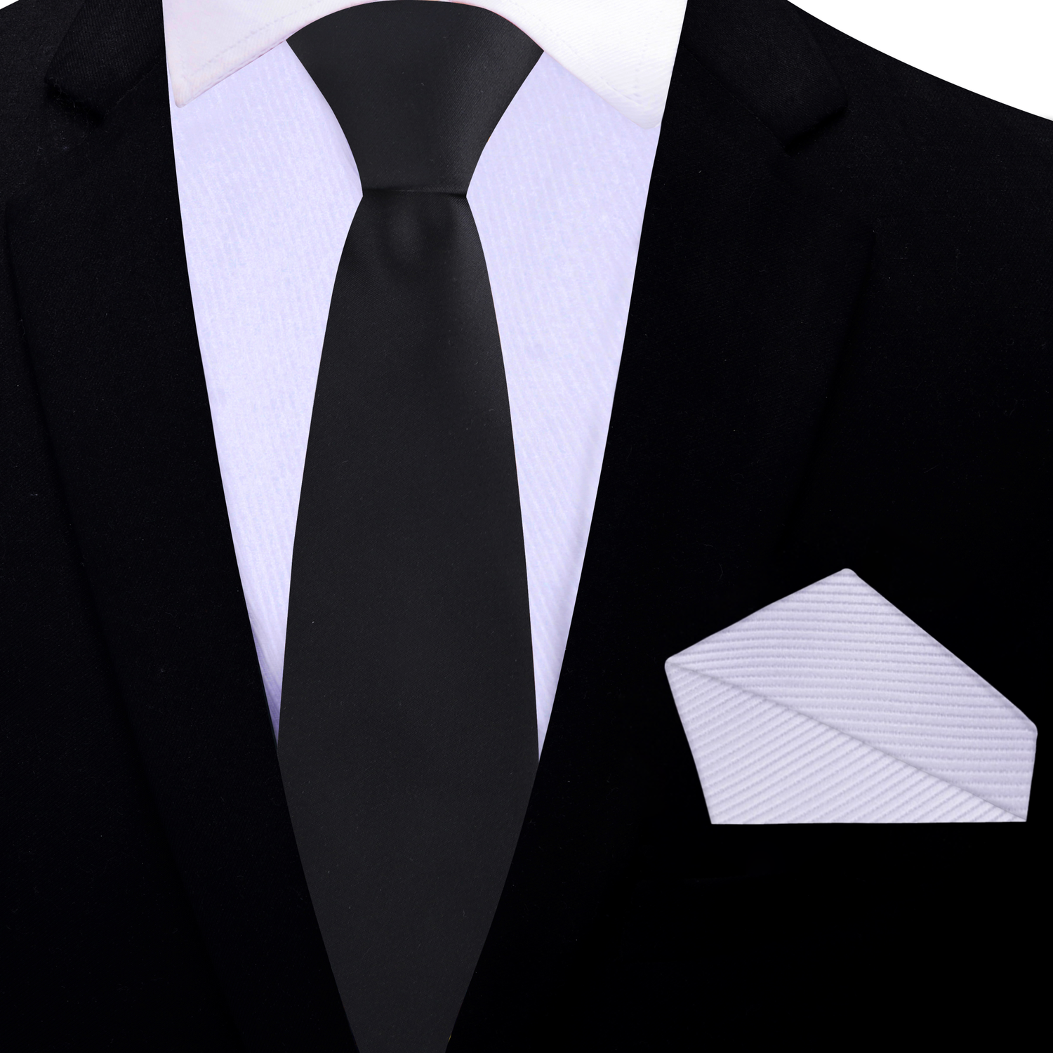 Black thin tie and white pocket square on a suit with a white shirt