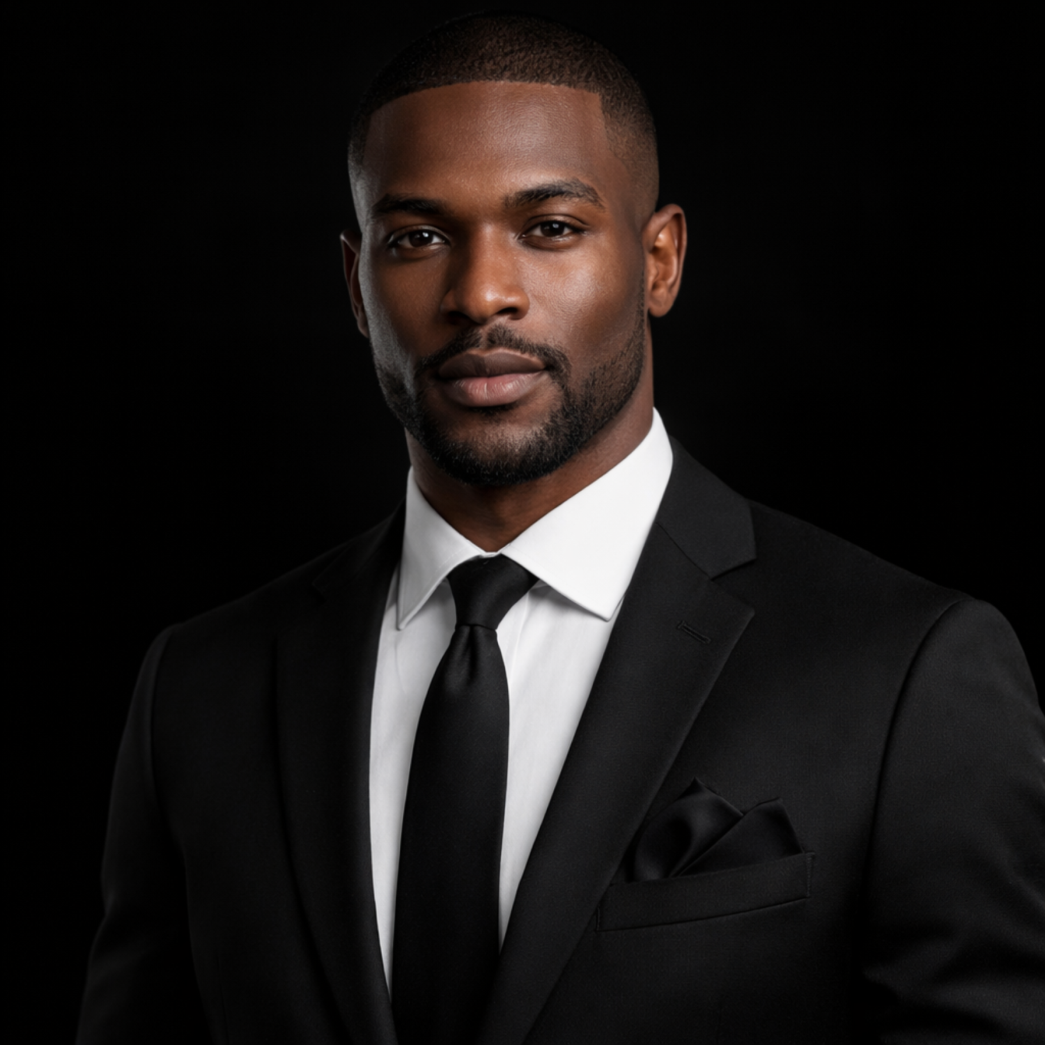 Black man wearing black tie and square