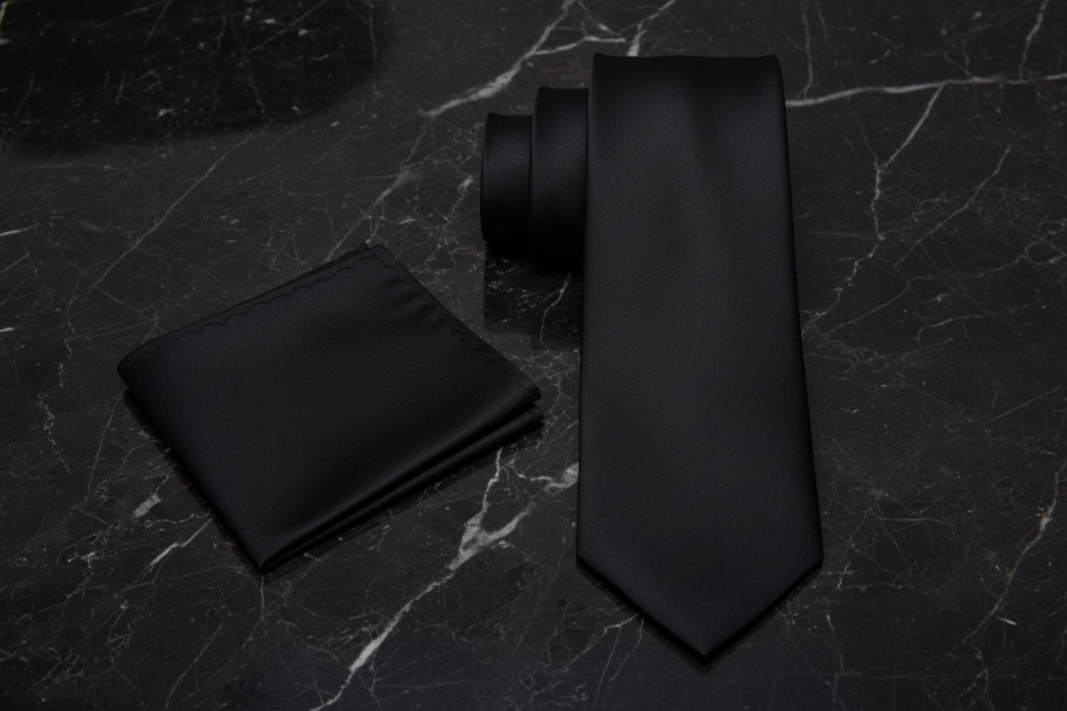 Alt View: Black Necktie with Solid Black Pocket Square