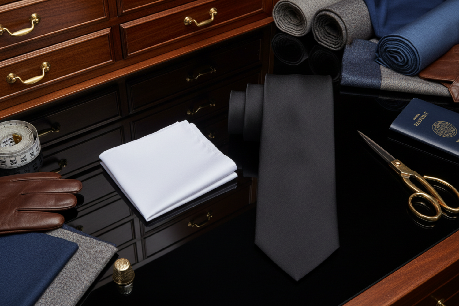 Black tie on a wooden dresser with folded shirts, scissors, and other accessories.