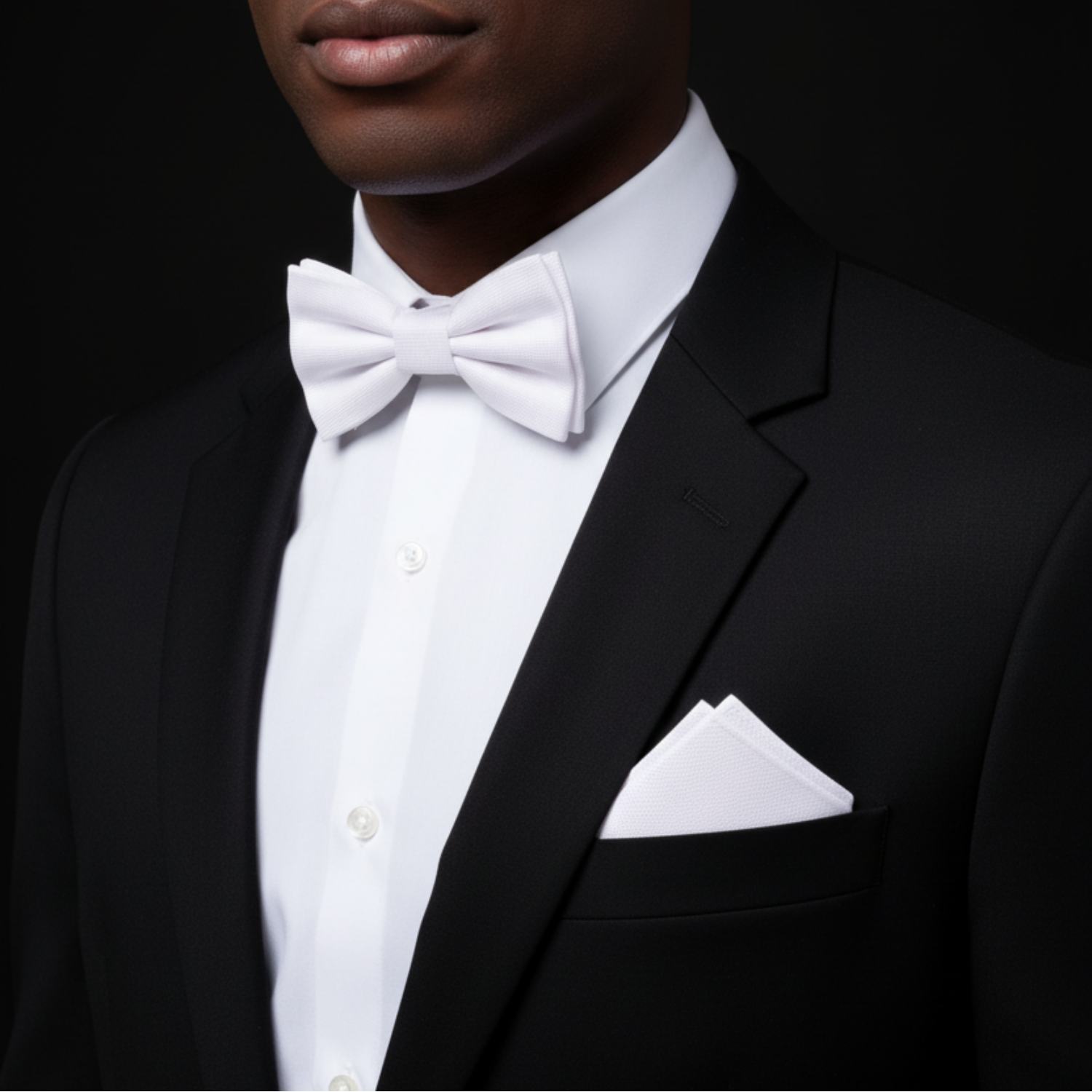 Man wearing a black tuxedo with a white bow tie and pocket square on a black background