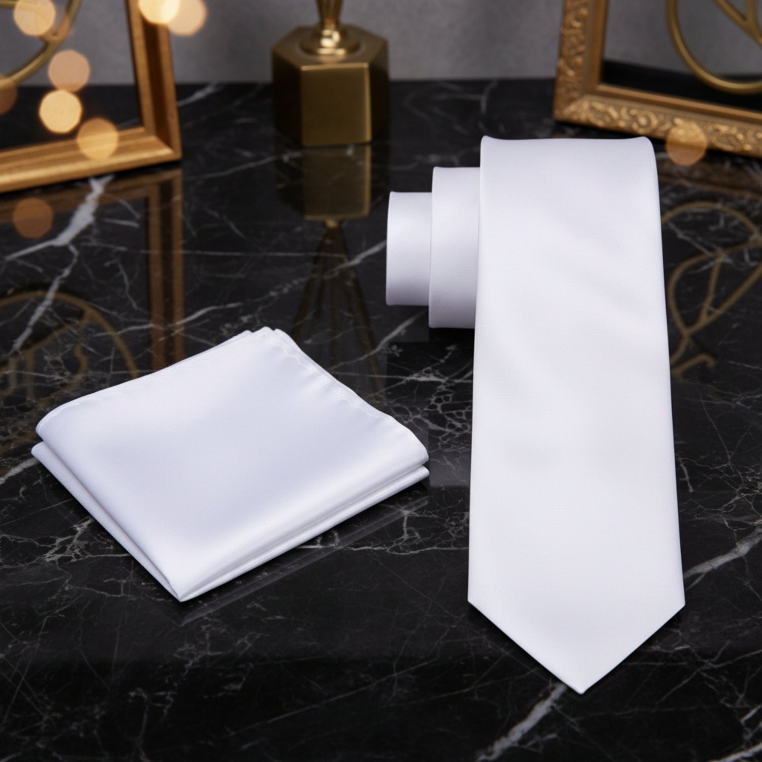 Alt View: Solid White Tie with Matching Square