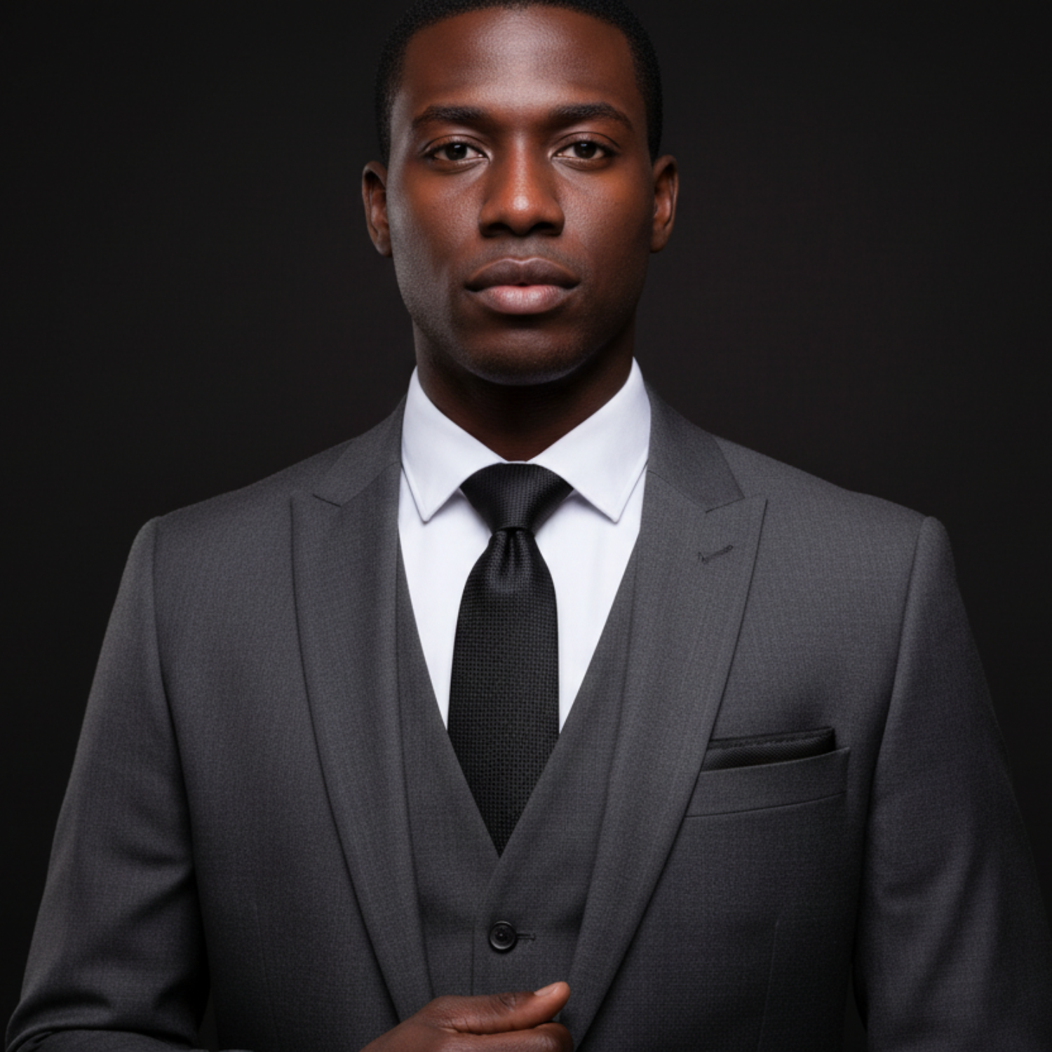 Man wearing a gray suit with a black tie against a dark background