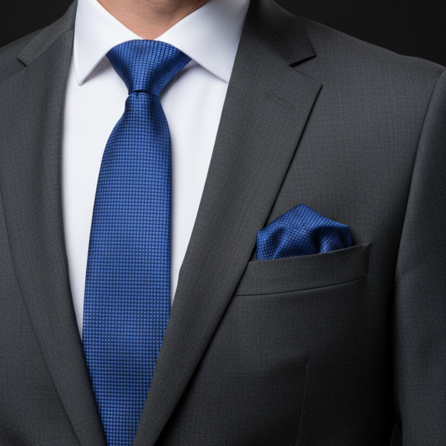 Gray suit with a blue tie and pocket square on a black background