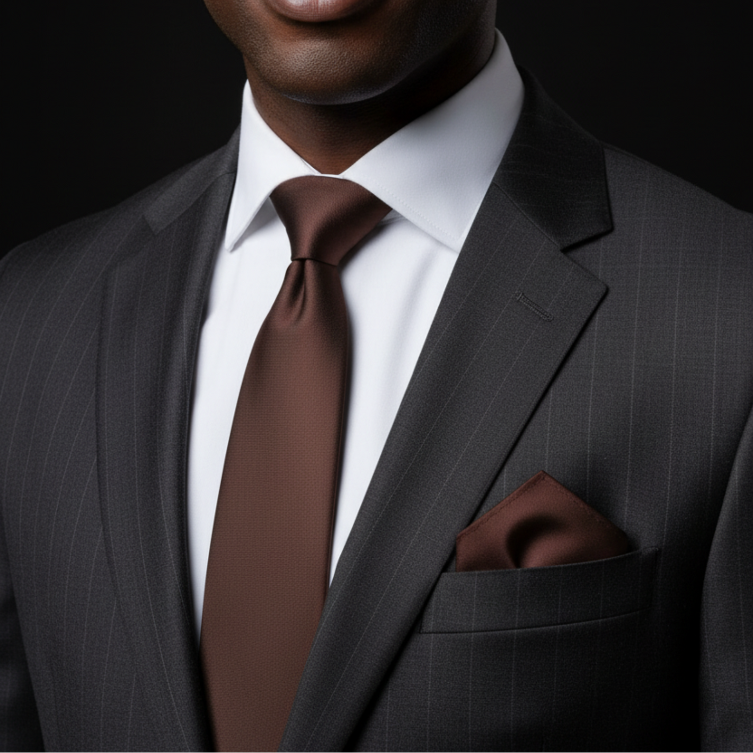Man wearing a gray suit with a brown tie and pocket square on a black background