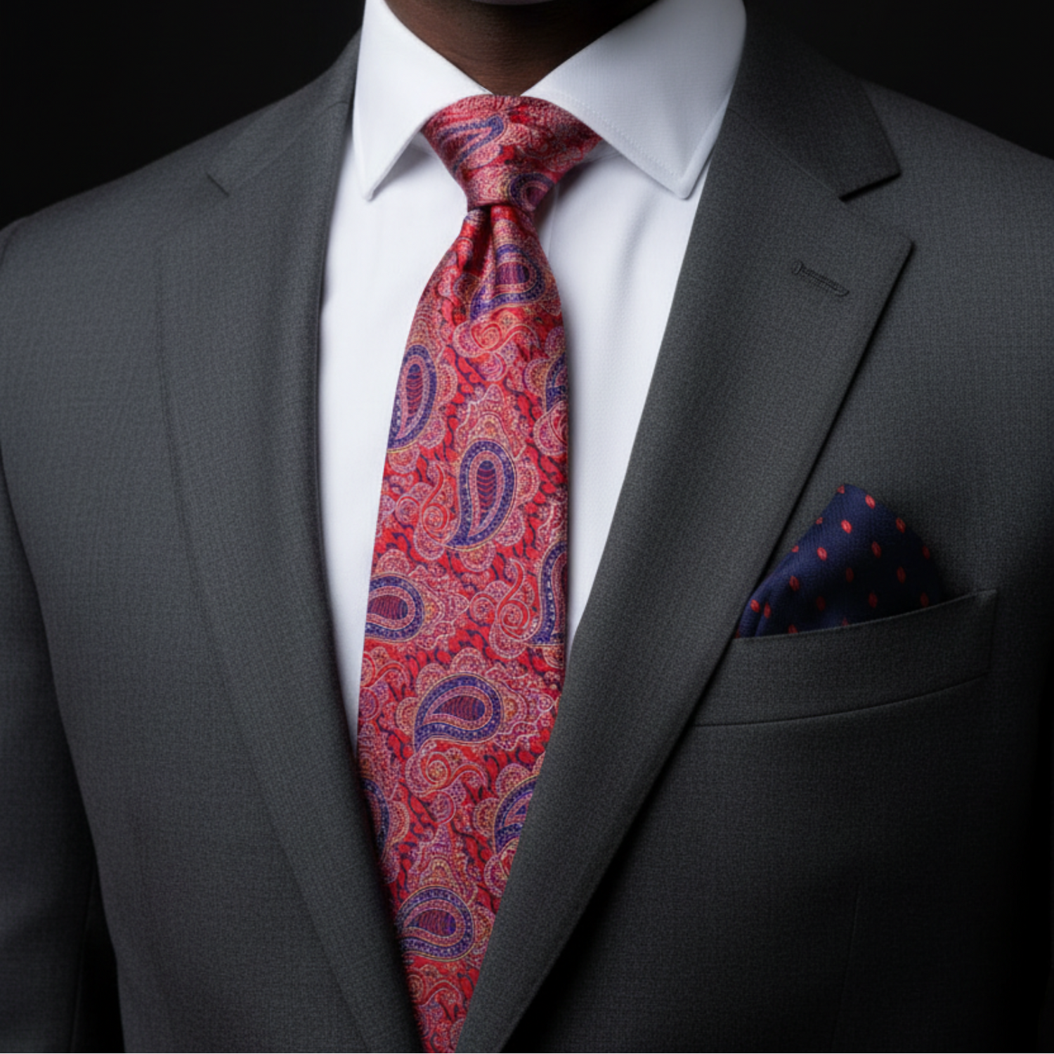Gray suit with a red paisley tie and accenting pocket square on a black background