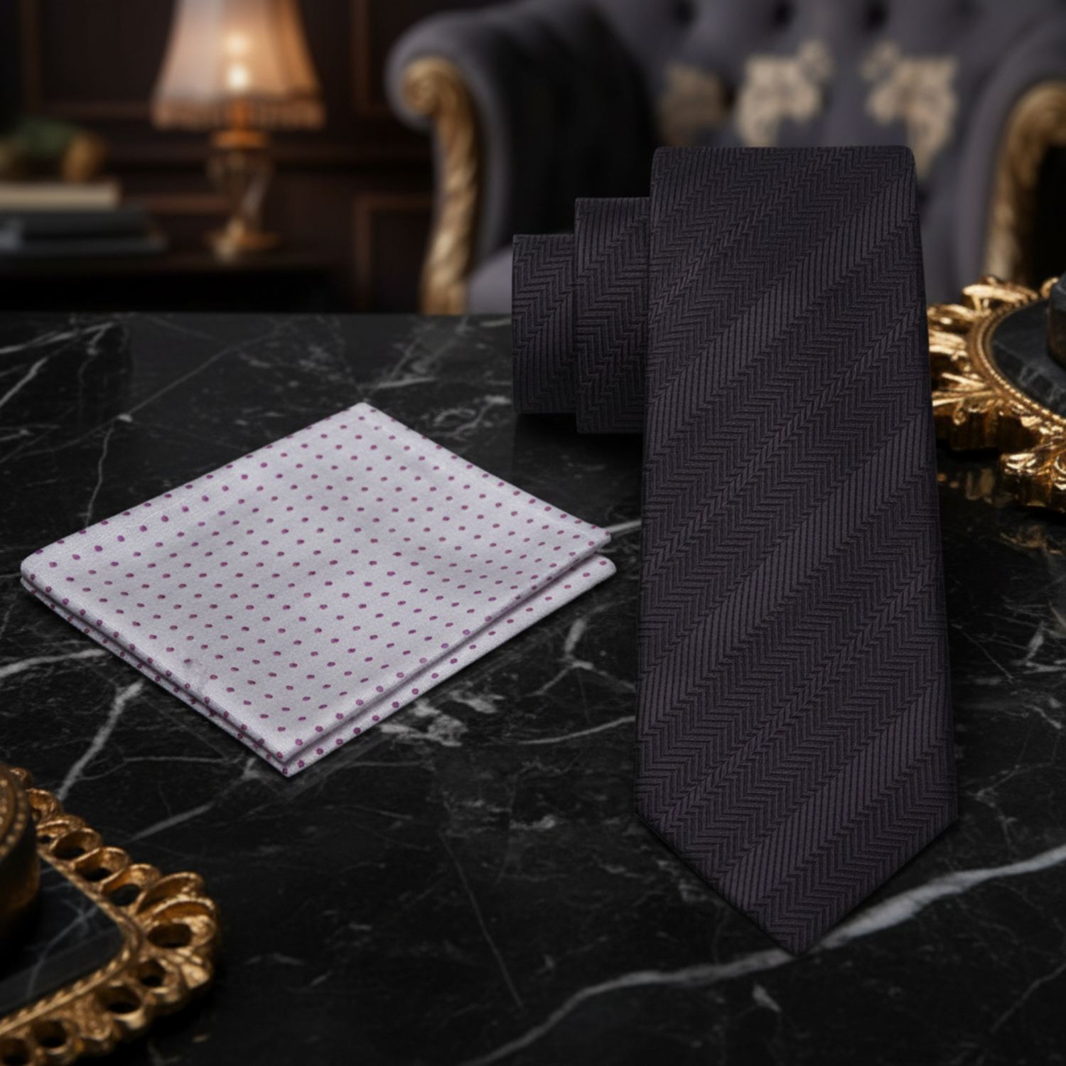 Alt Sophisticated Charcoal Necktie and Accenting Grey, Purple Dot Square