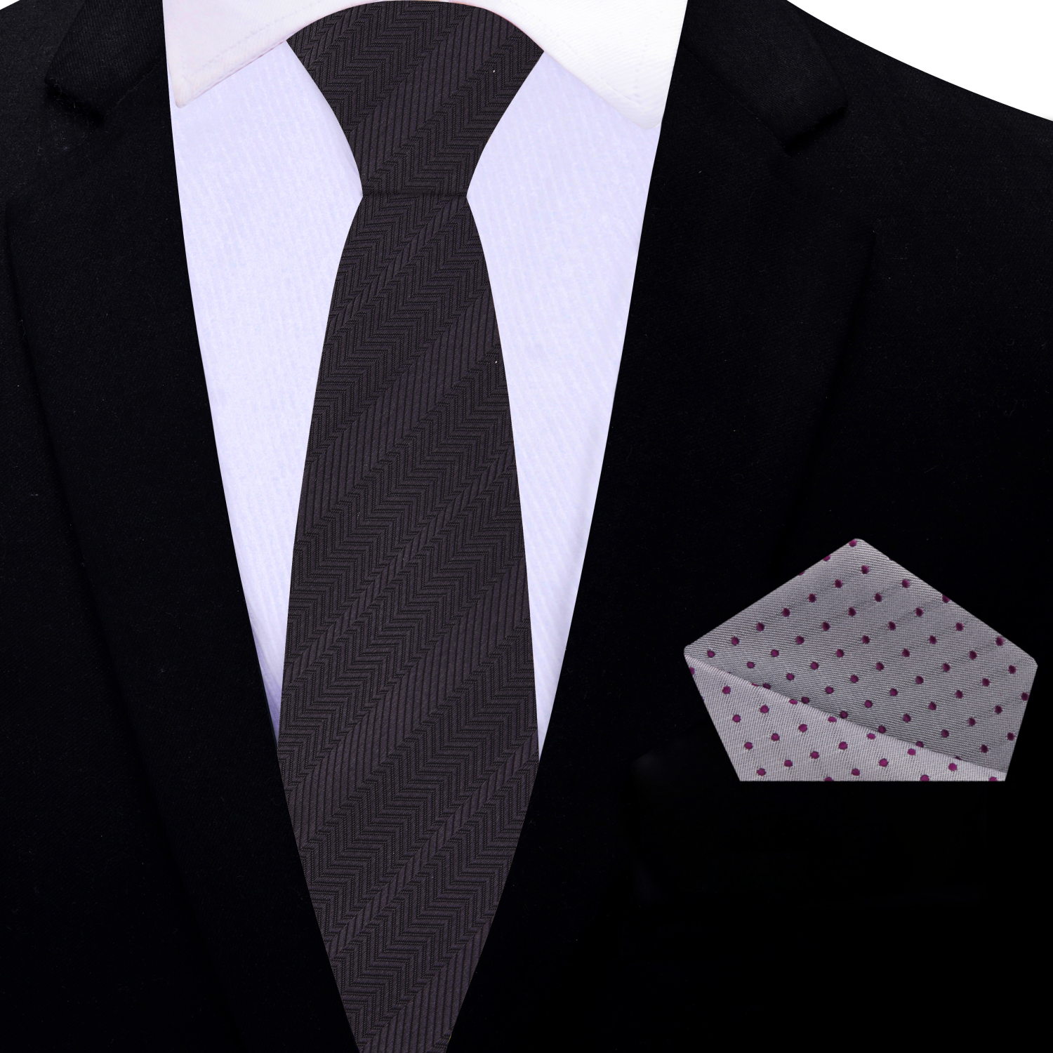 Thin Sophisticated Charcoal Necktie and Accenting Grey, Purple Dot Square