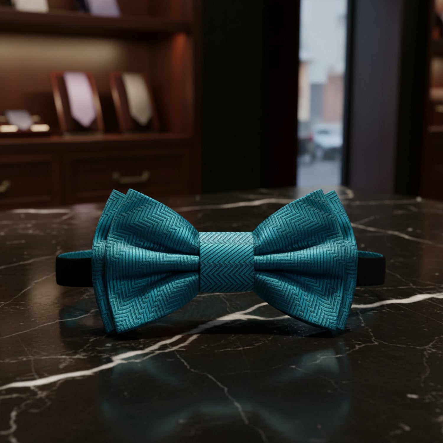 teal bow tie on black marble