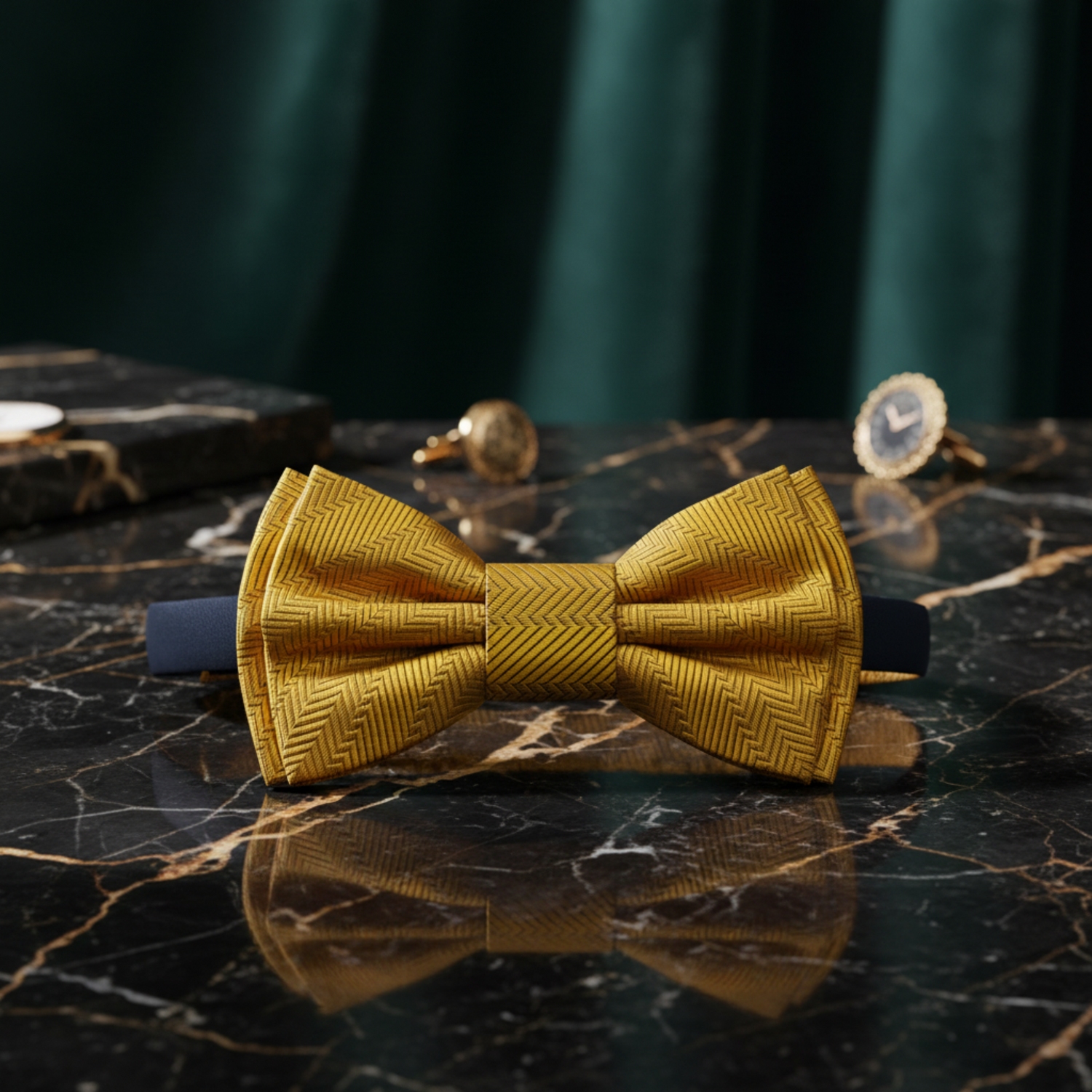 Gold bow tie on a black marble surface with decorative background