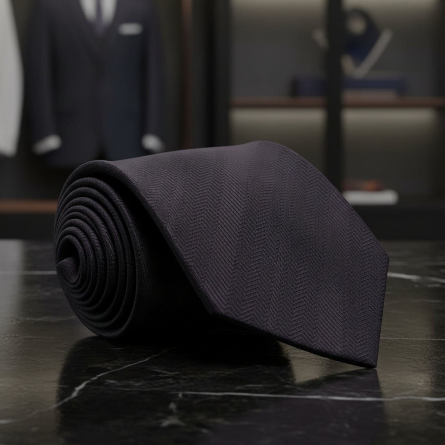 Black tie on a dark marble surface with a glass of whiskey and a watch in the background.