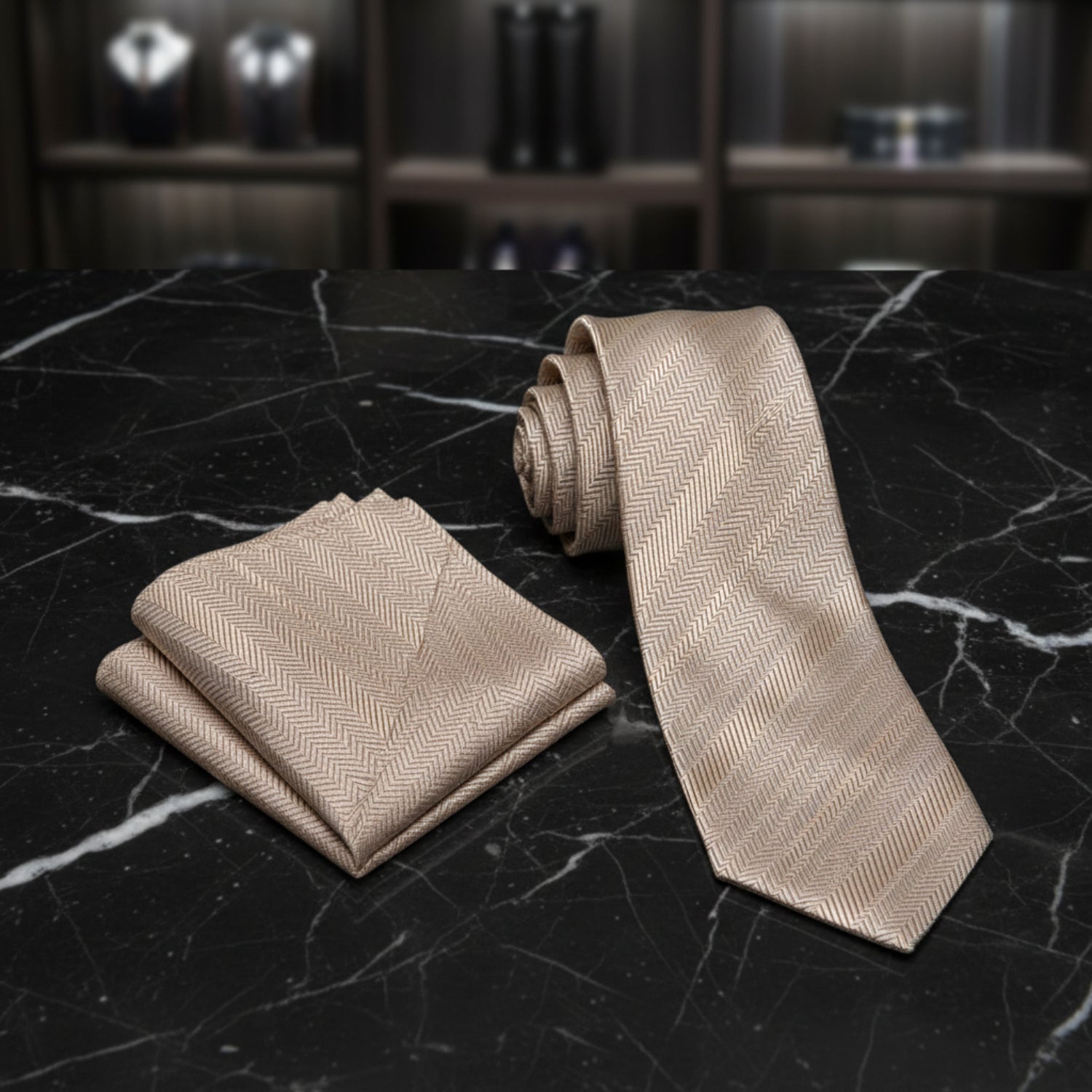 Boys Champagne Beige Herringbone Necktie and Square on table