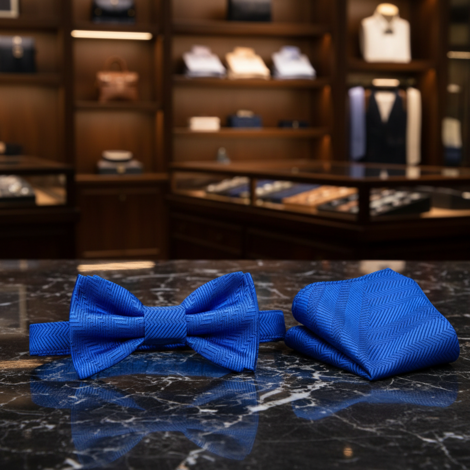 Main: A Solid Rich Royal Blue Pattern Self Tie Bow Tie, Matching Pocket Square||Rich Royal Blue