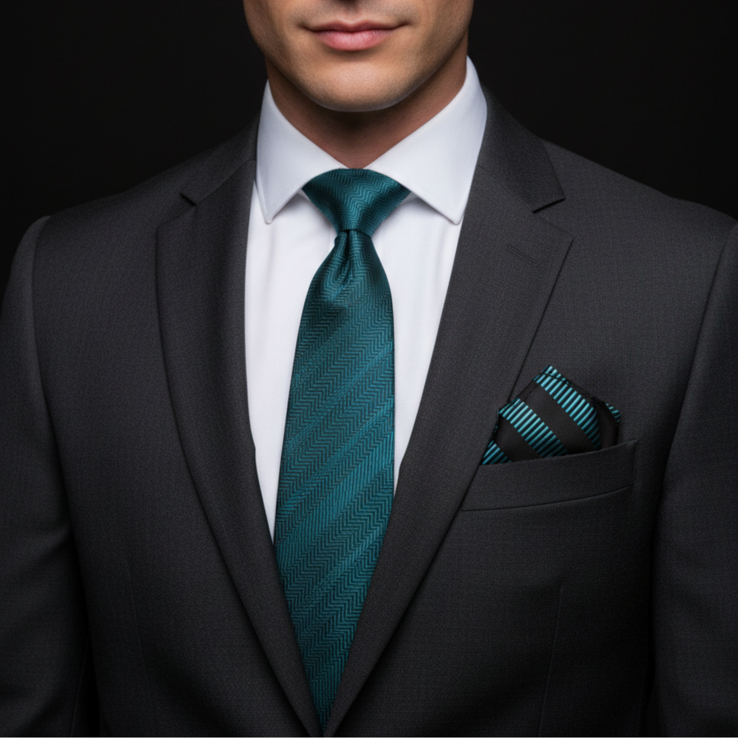 Man wearing a dark suit with a green tie against a black background