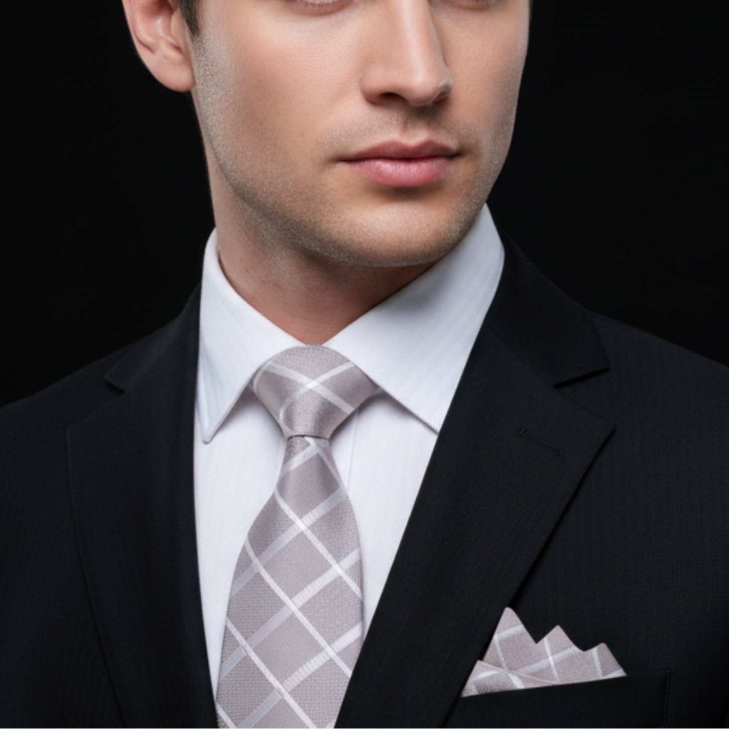 Man wearing a black suit with a gray checkered tie and pocket square against a black background