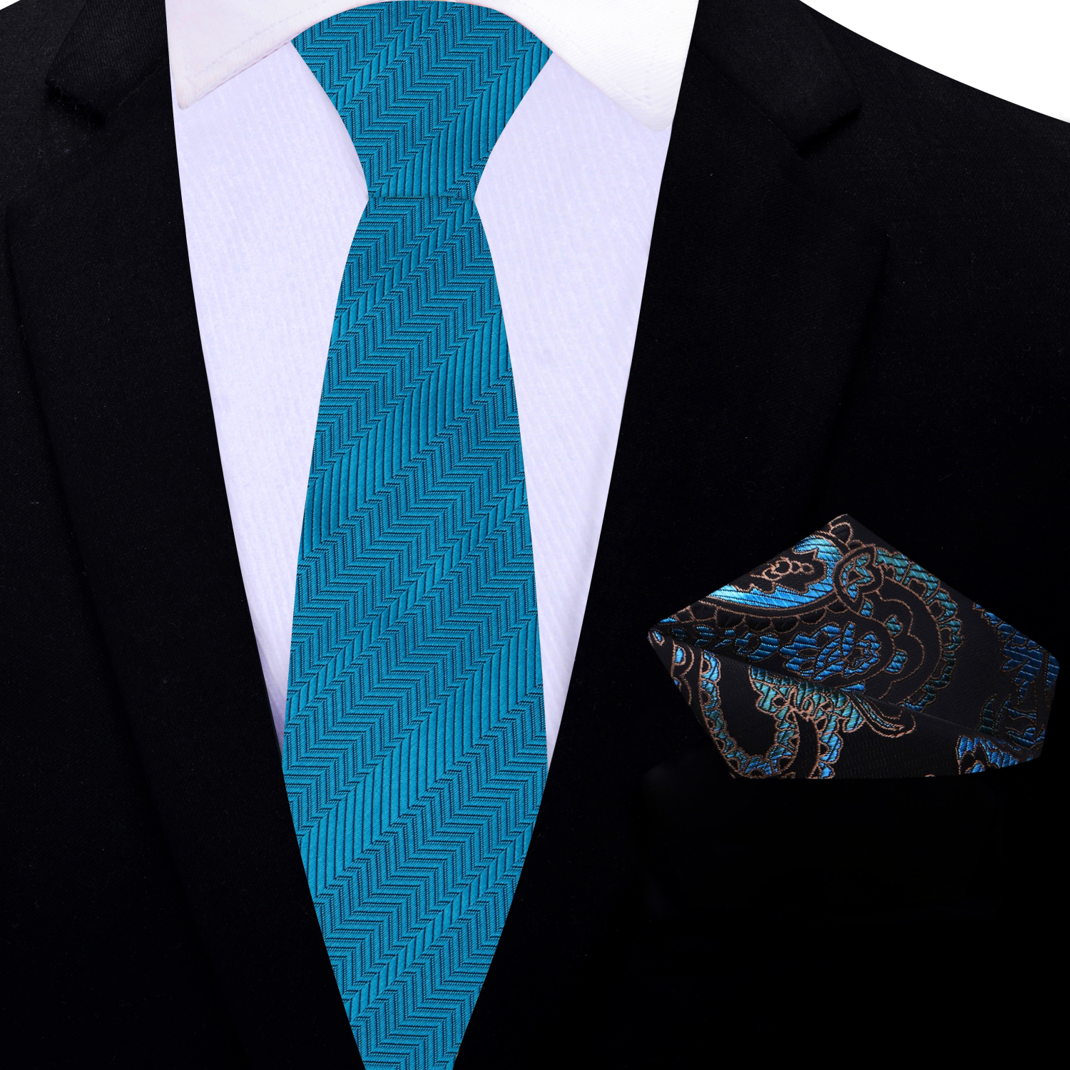 Teal Thin Necktie and Accenting paisley Square
