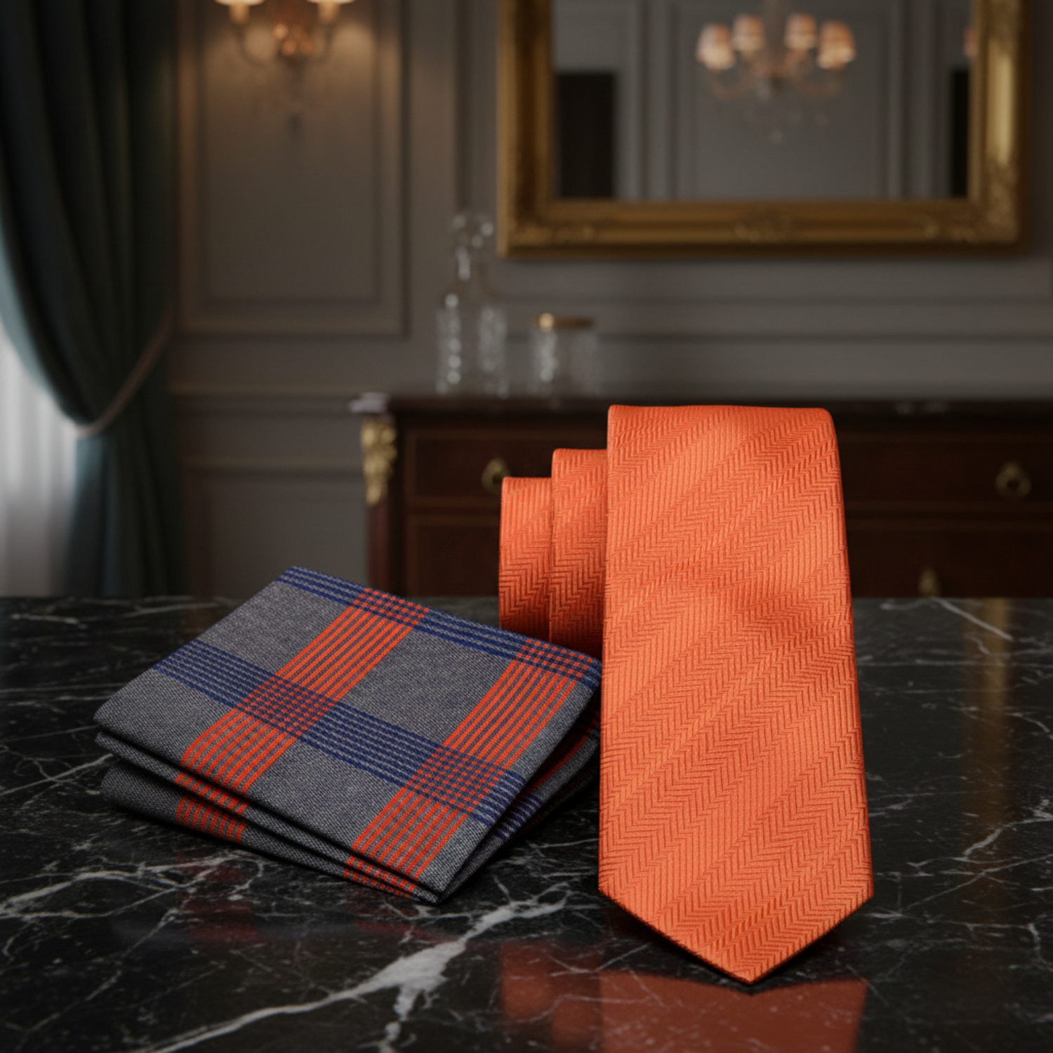 View 2 Solid Orange Necktie and Accenting Grey, Blue, Orange Plaid Square