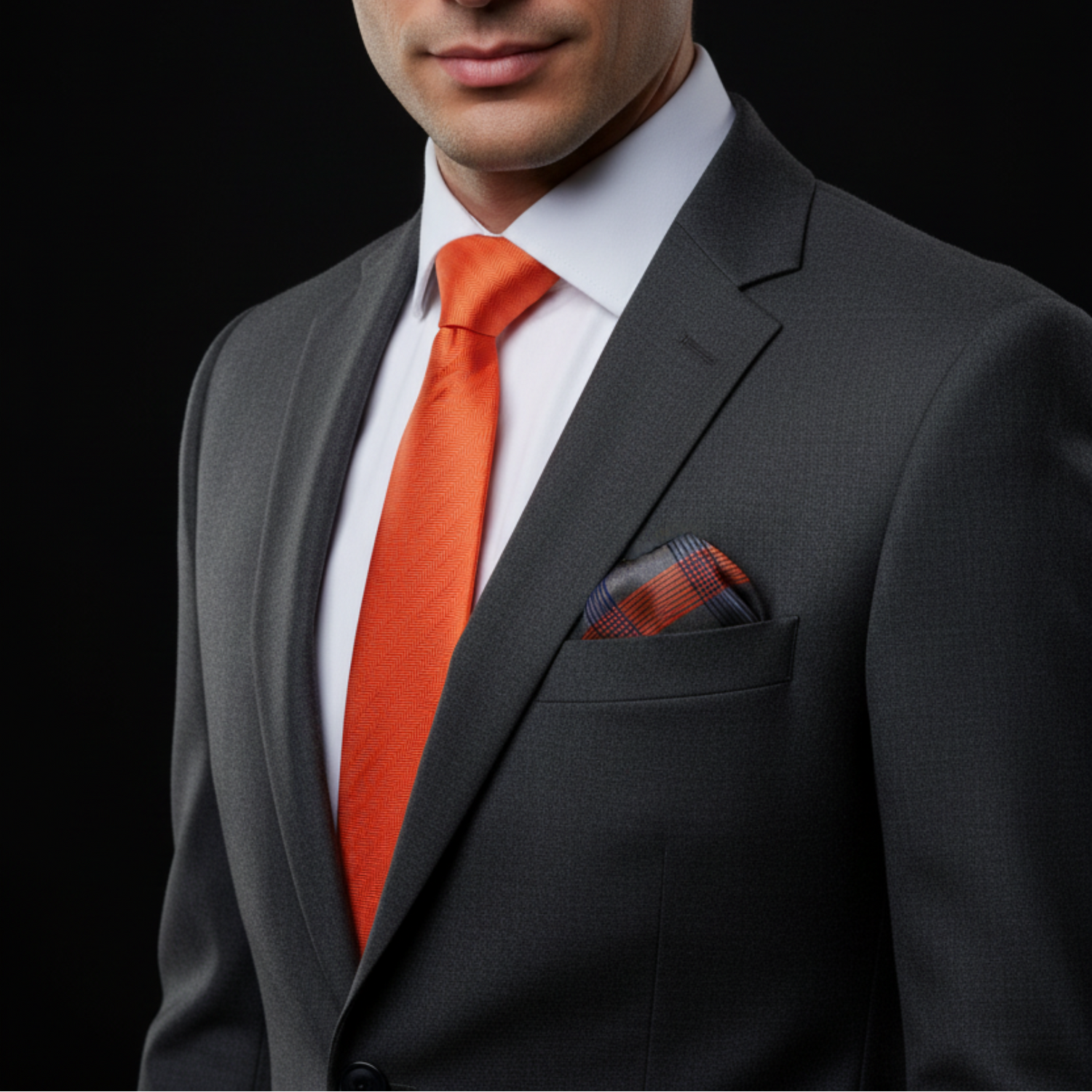 Man wearing a gray suit with an orange tie and pocket square on a black background
