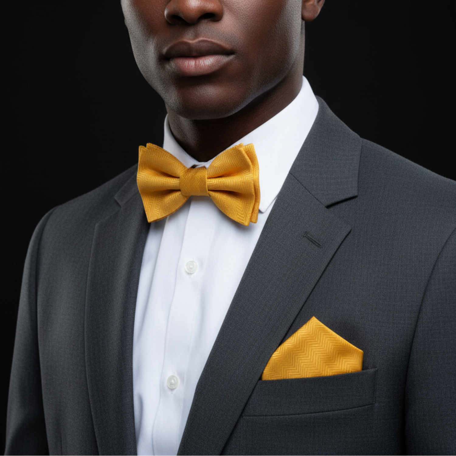 Man wearing a gray suit with a yellow bow tie and pocket square on a black background