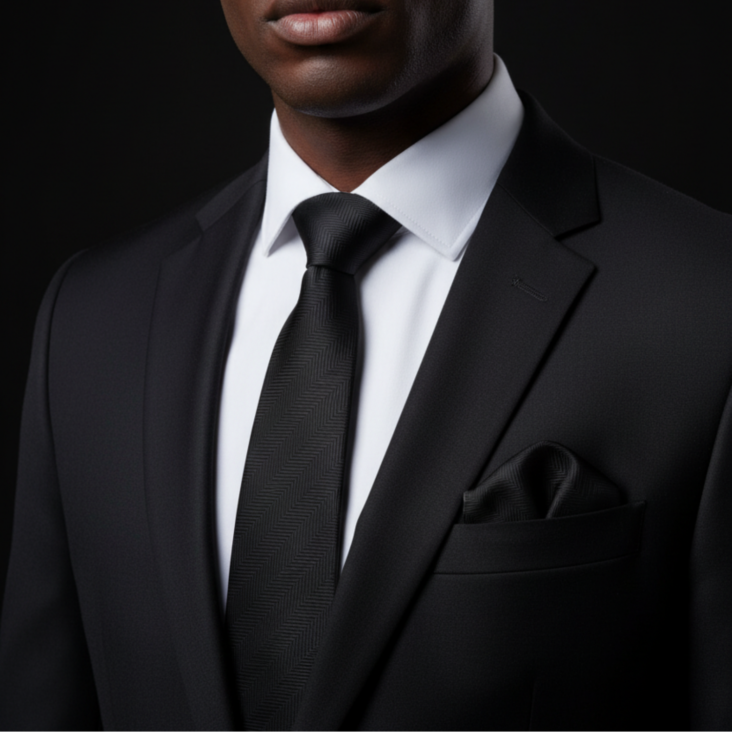 Man wearing a black suit with a white shirt and black tie on a dark background