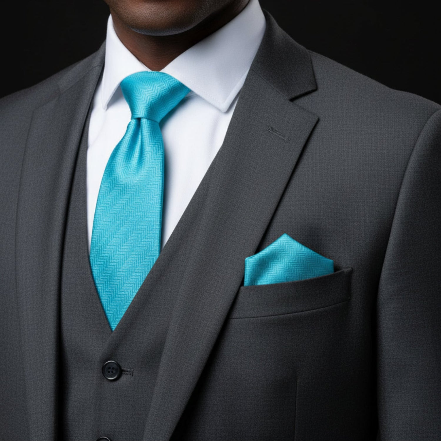 Gray suit with white shirt, turquoise tie, and pocket square on a black background