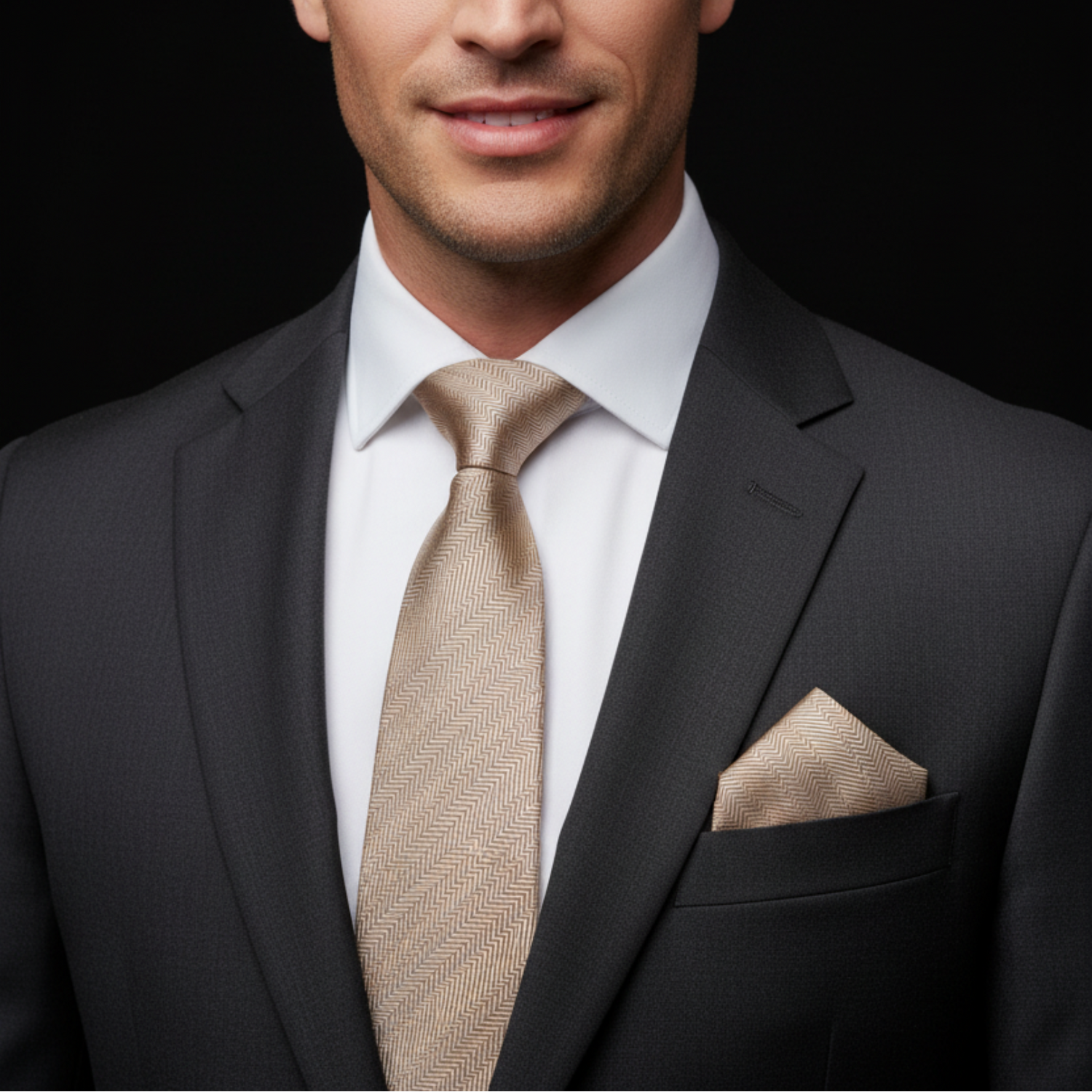 Man wearing a dark suit with a beige tie and pocket square on a black background