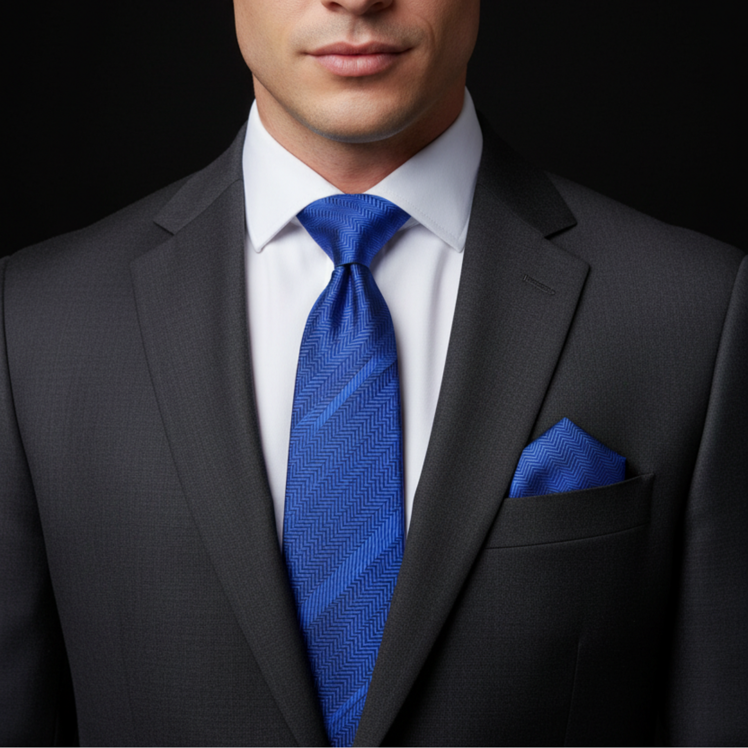 Man wearing a gray suit with a blue tie and pocket square on a black background
