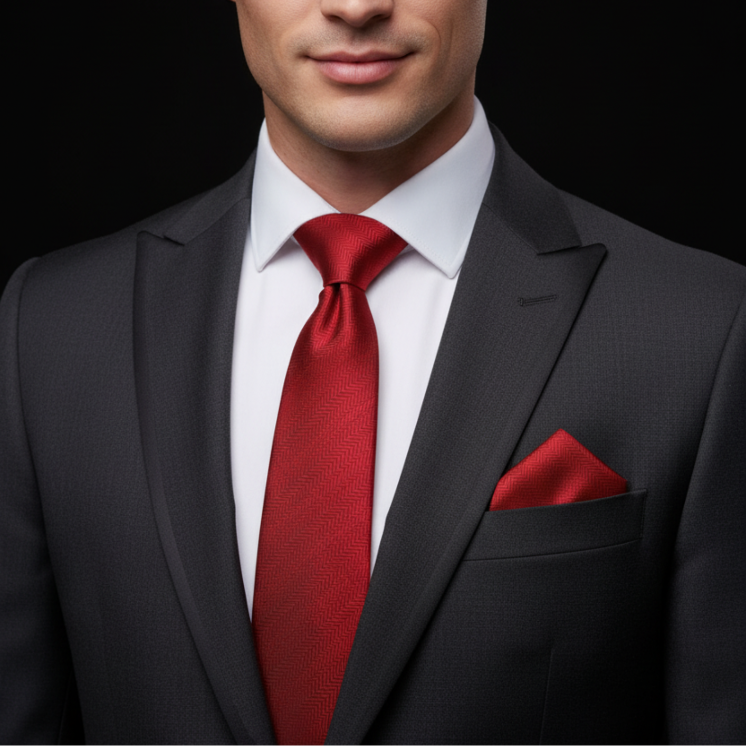 Man wearing a black suit with a red tie and pocket square on a dark background