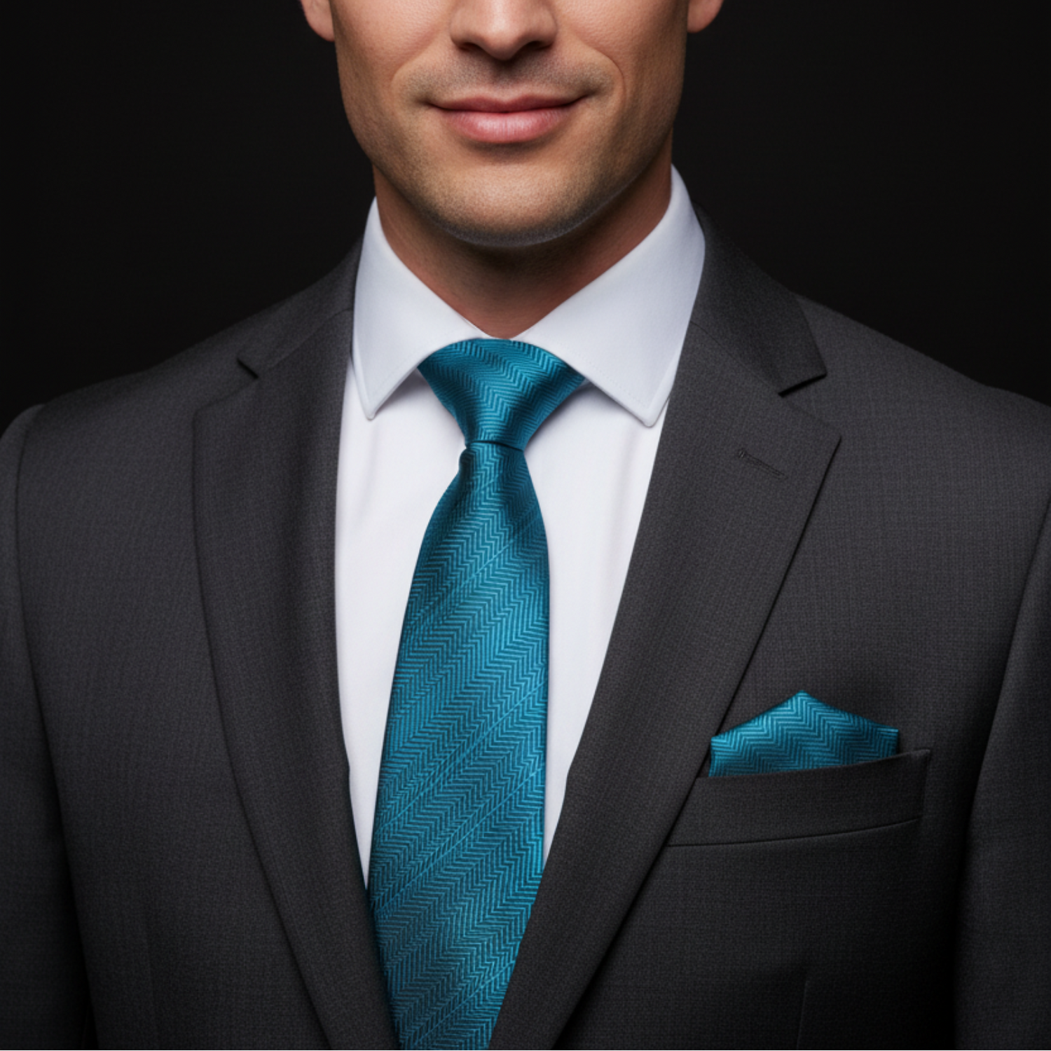 Man wearing a dark suit with a white shirt and blue tie and pocket square on a black background