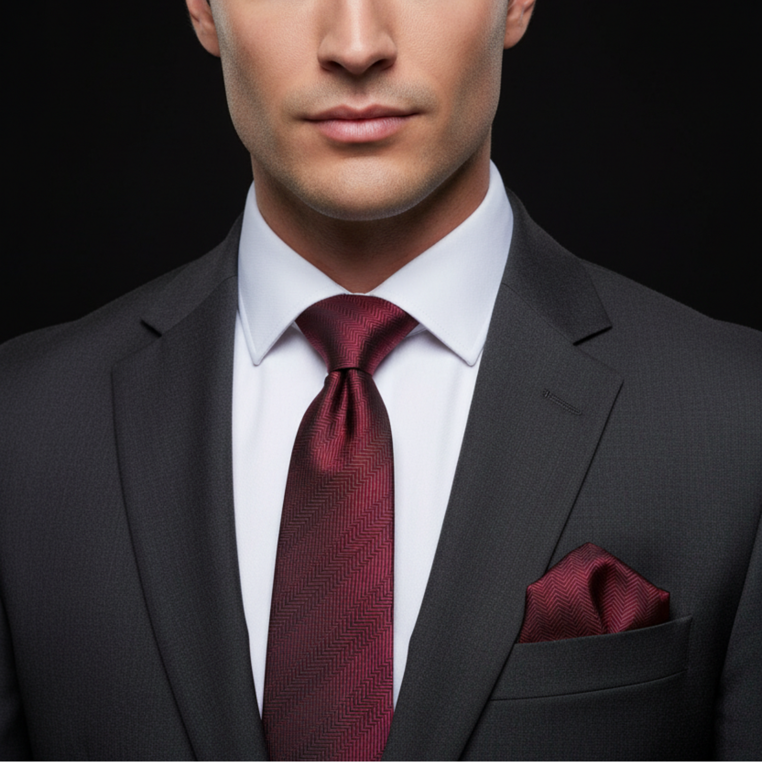 Man wearing a dark suit with a white shirt and red tie against a black background
