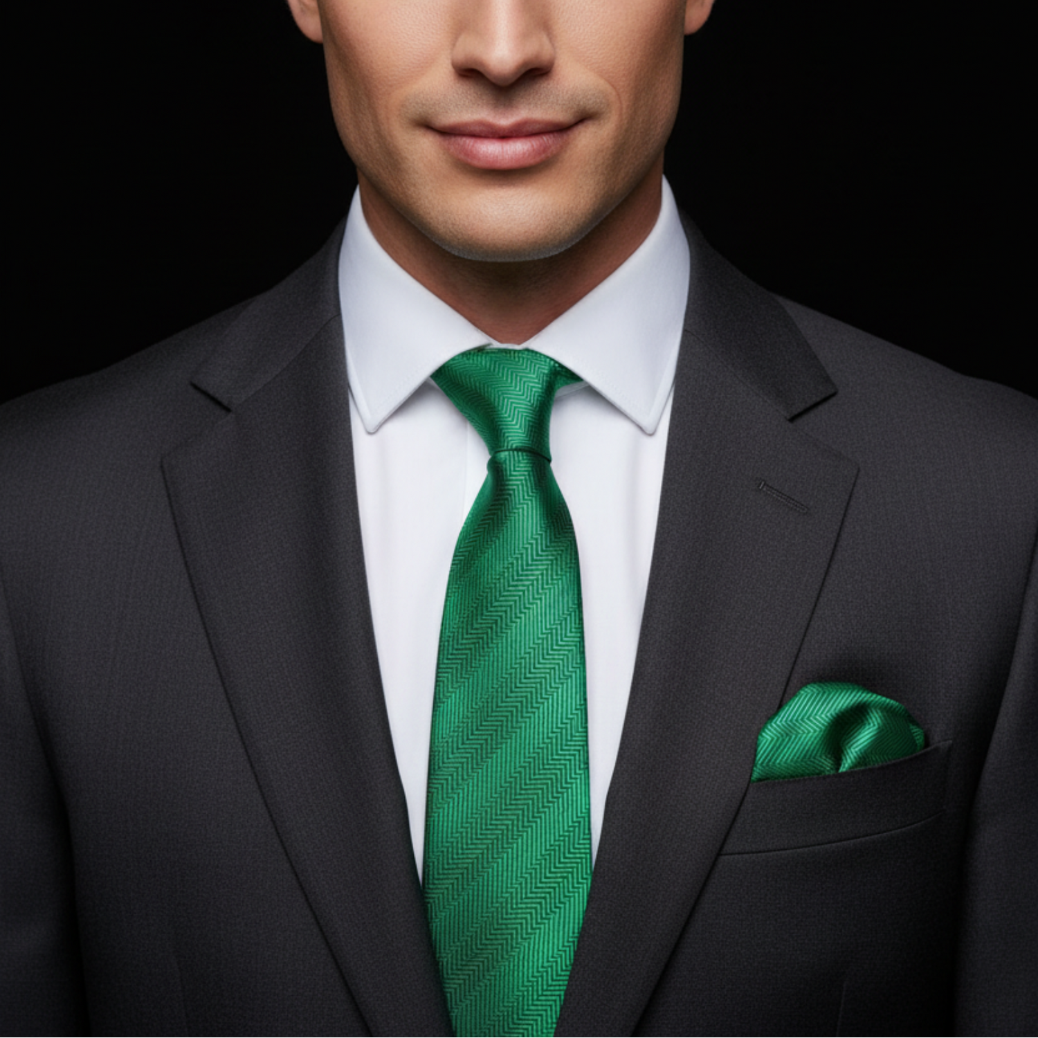 Man wearing a black suit with a green tie and pocket square on a black background