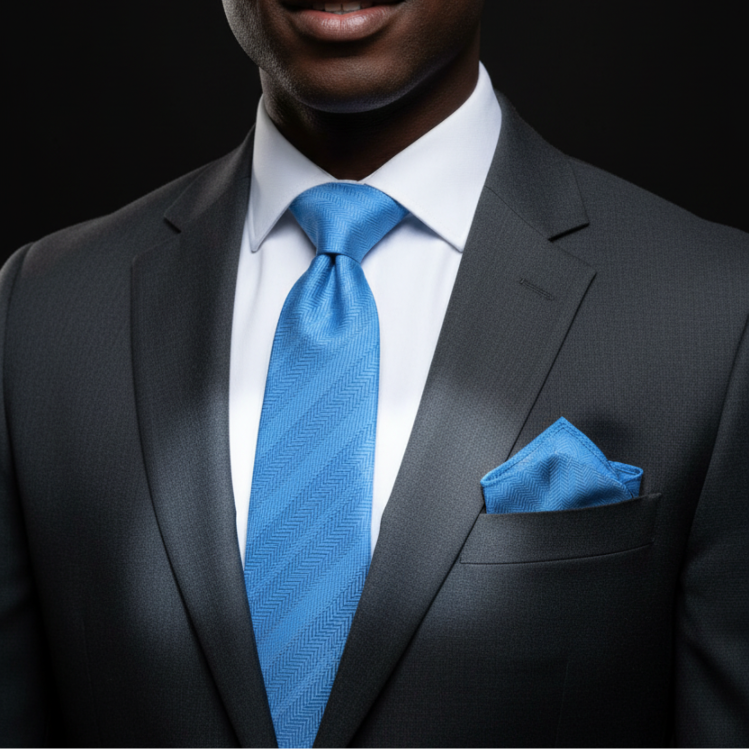 Man wearing a gray suit with a blue tie and pocket square on a black background