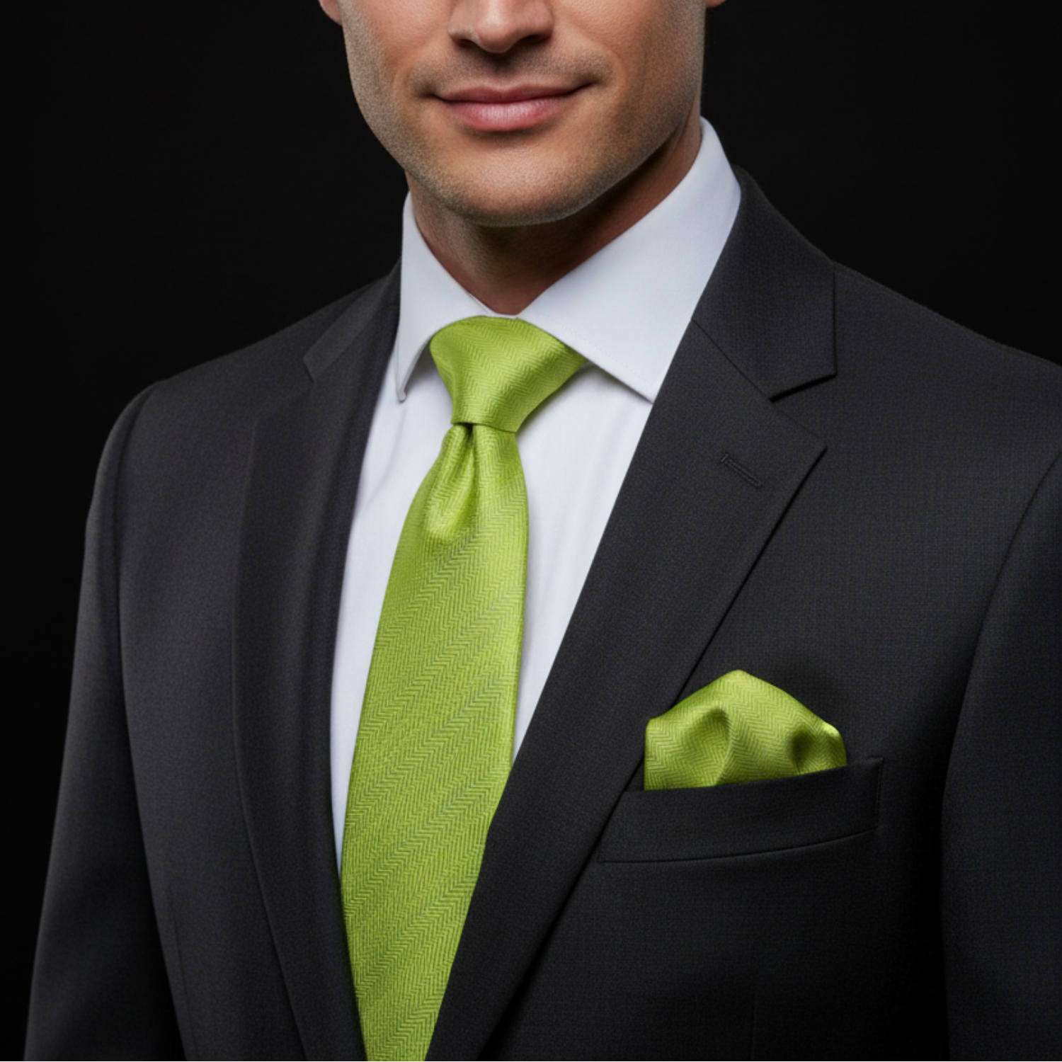 Man wearing a black suit with a green tie and pocket square on a black background