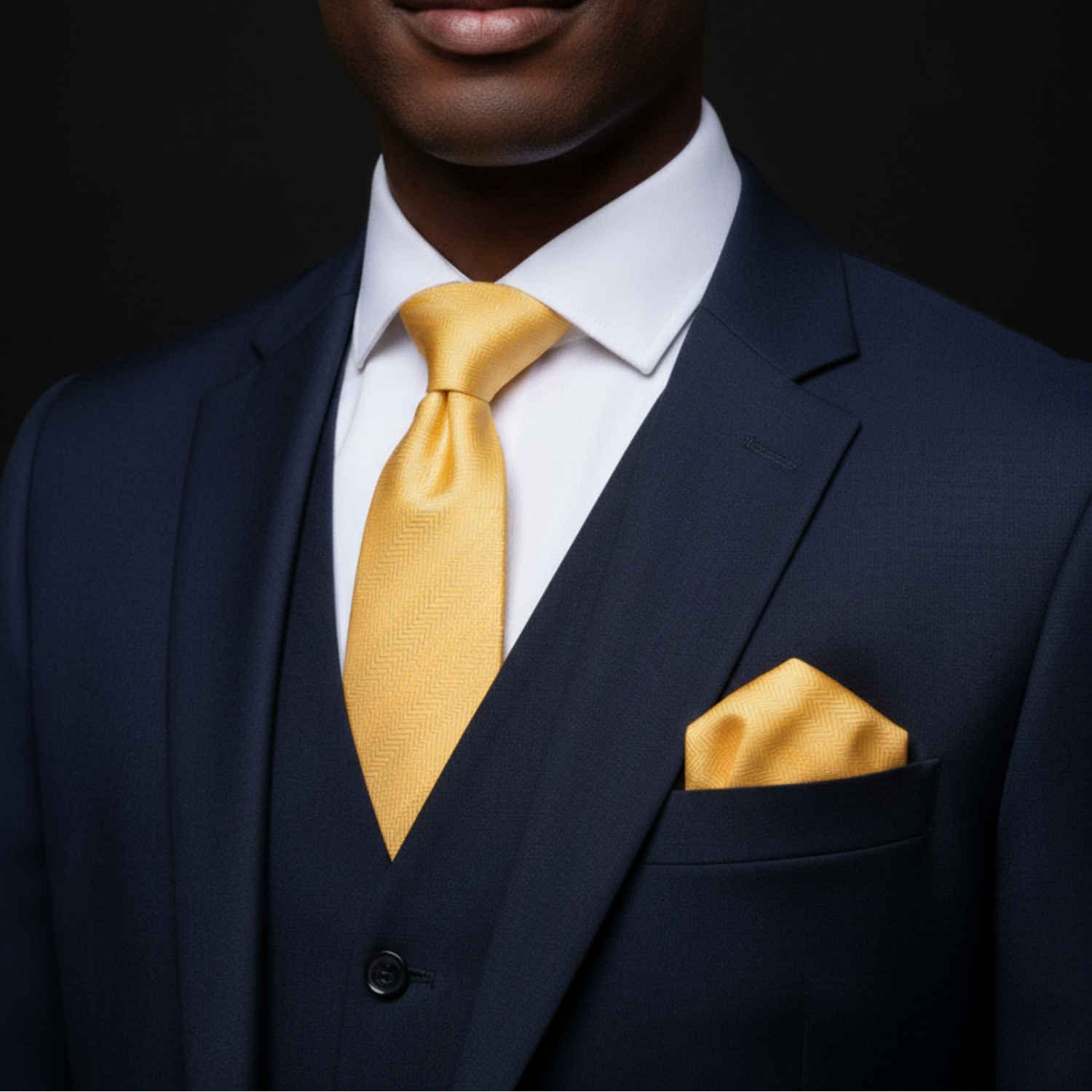 Man wearing a navy suit with a yellow tie and pocket square on a black background