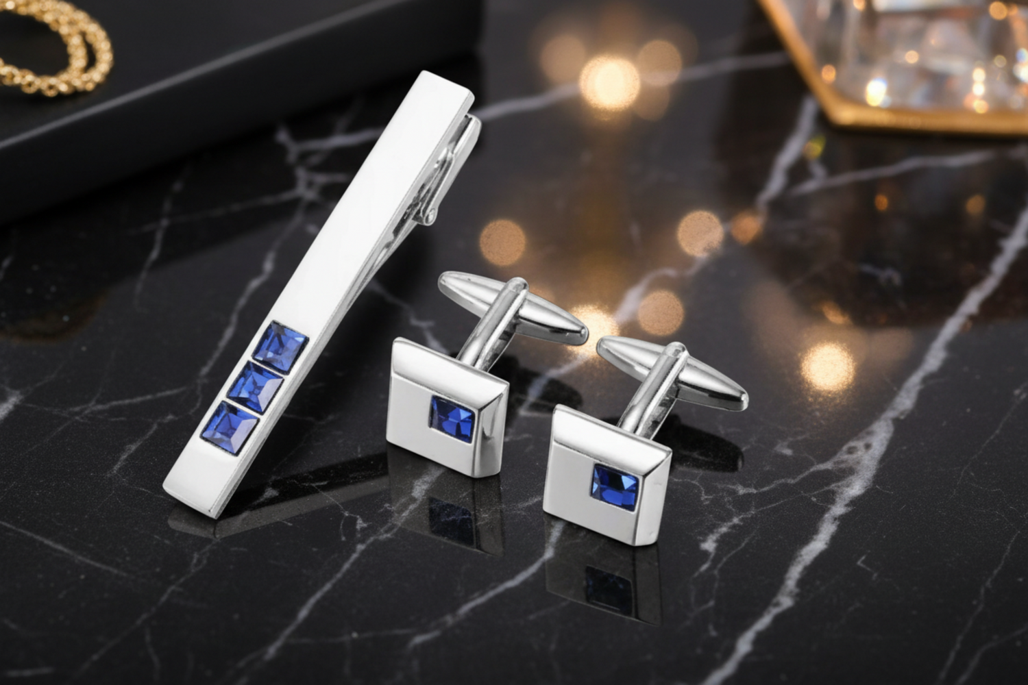 square cufflinks and tie clip