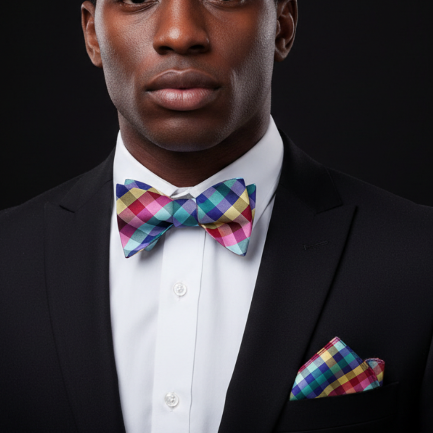 Man wearing a black suit with a colorful checkered bow tie and pocket square on a black background