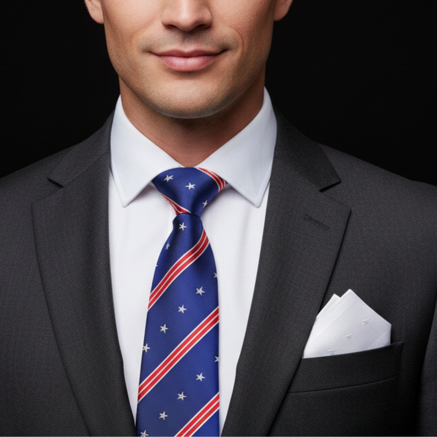 Man wearing a dark suit with a white shirt and a blue tie featuring red and white stripes.