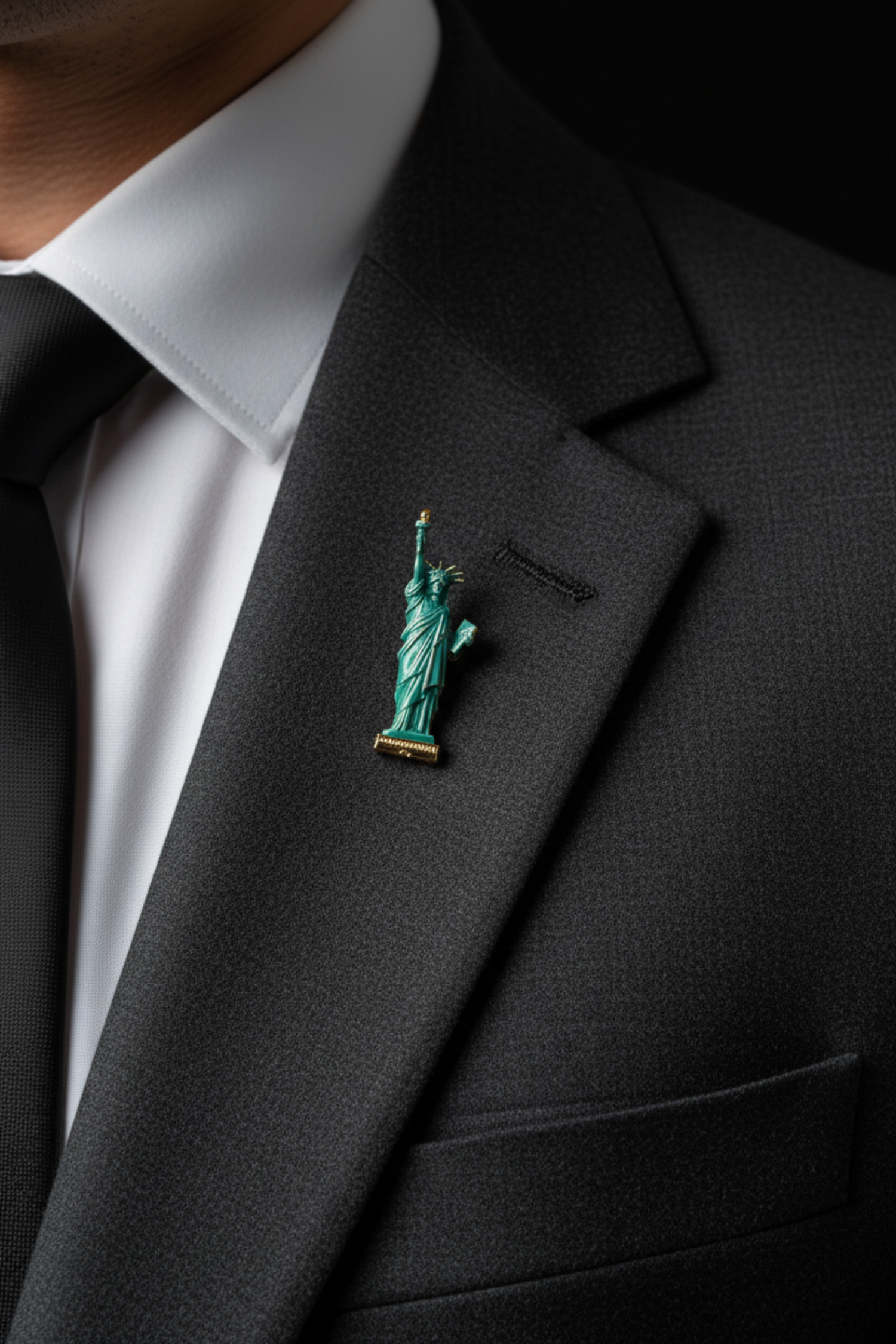 A close-up of a person wearing a black suit jacket, white dress shirt, and black tie, with a small Statue of Liberty lapel pin pinned to the left lapel.