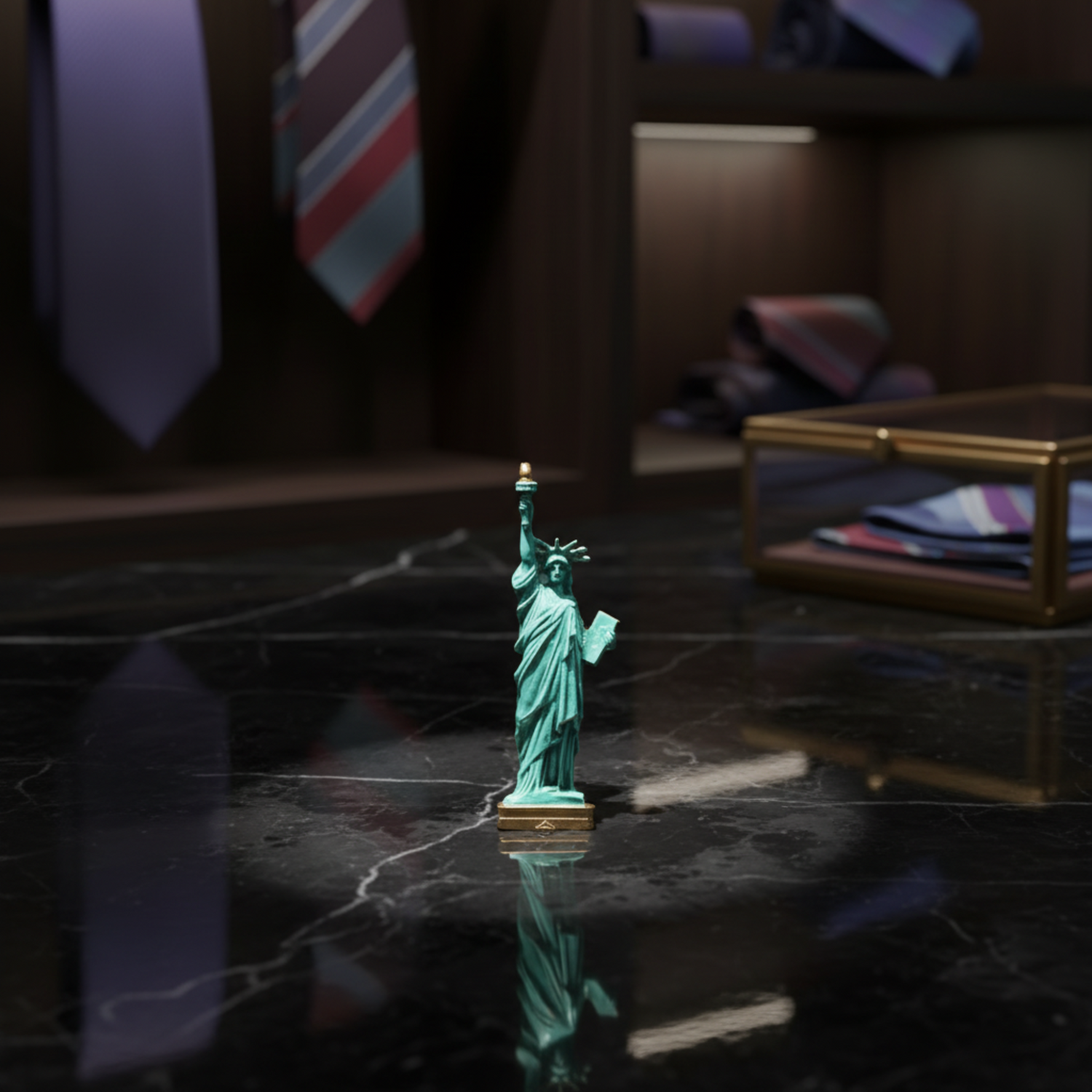 A miniature Statue of Liberty figurine, styled in a glossy turquoise green with gold accents on the torch and base