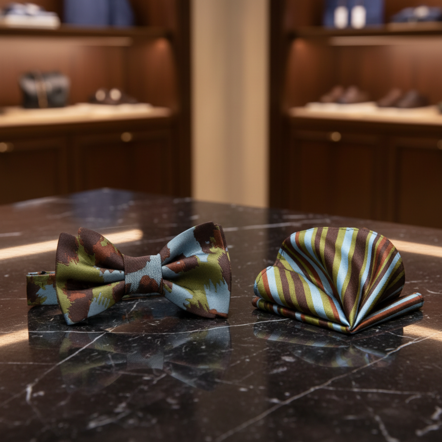 Olive Green, Steel Blue, Brown Cheetah Bow Tie and Pocket Square||Army Green, Steel Blue, Brown