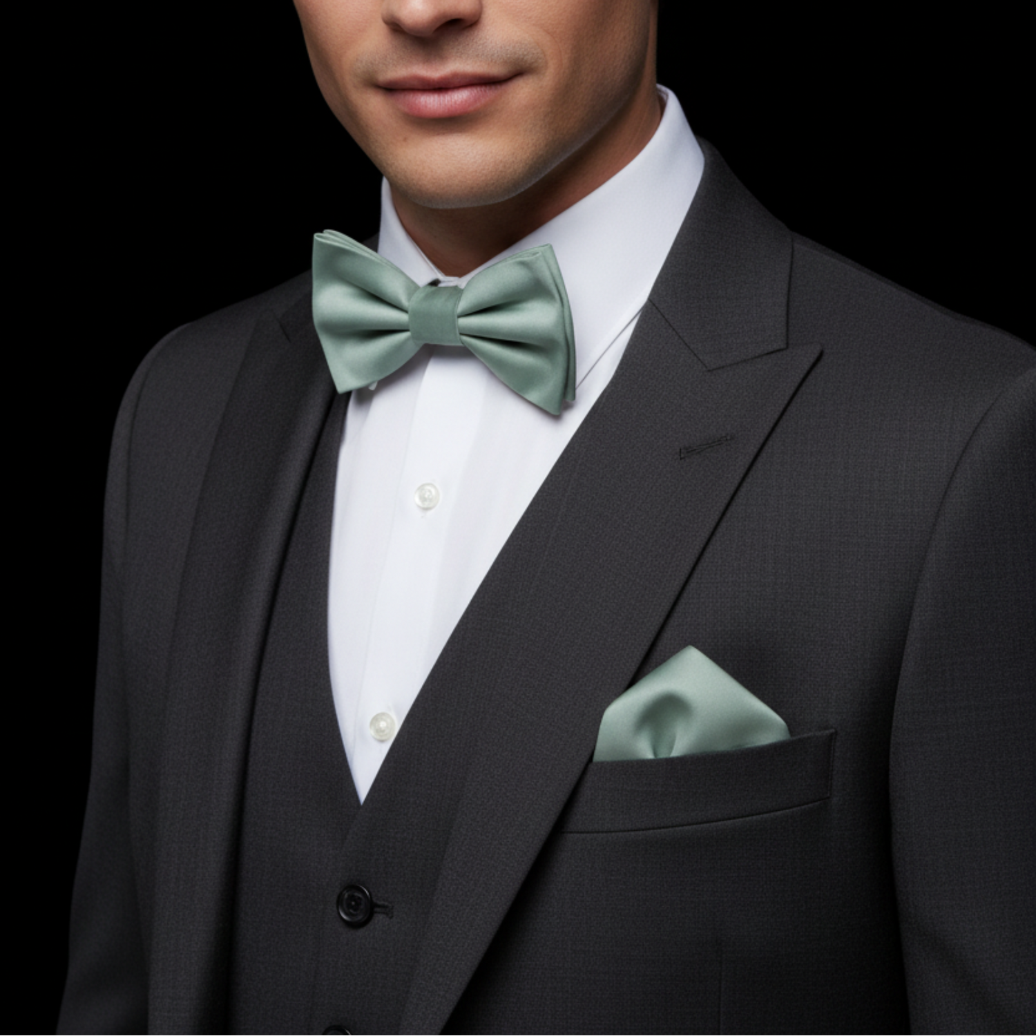 Main View; Stone Pistachio Green Bow Tie and Pocket Square