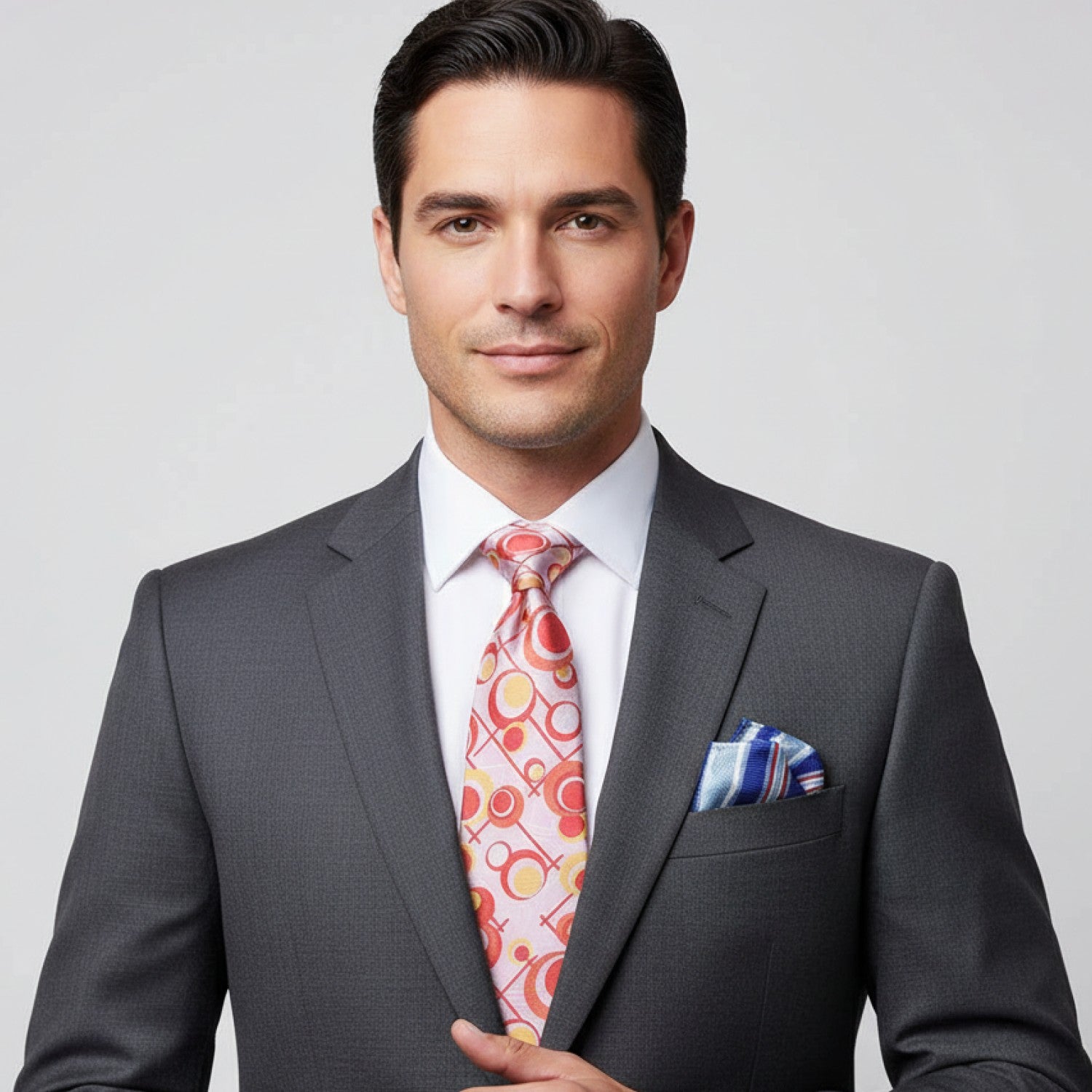 Man wearing a gray suit with a colorful tie and pocket square on a light gray background