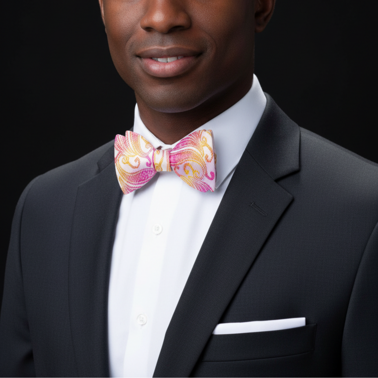 Man wearing a black suit with a white shirt and a colorful bow tie against a black background