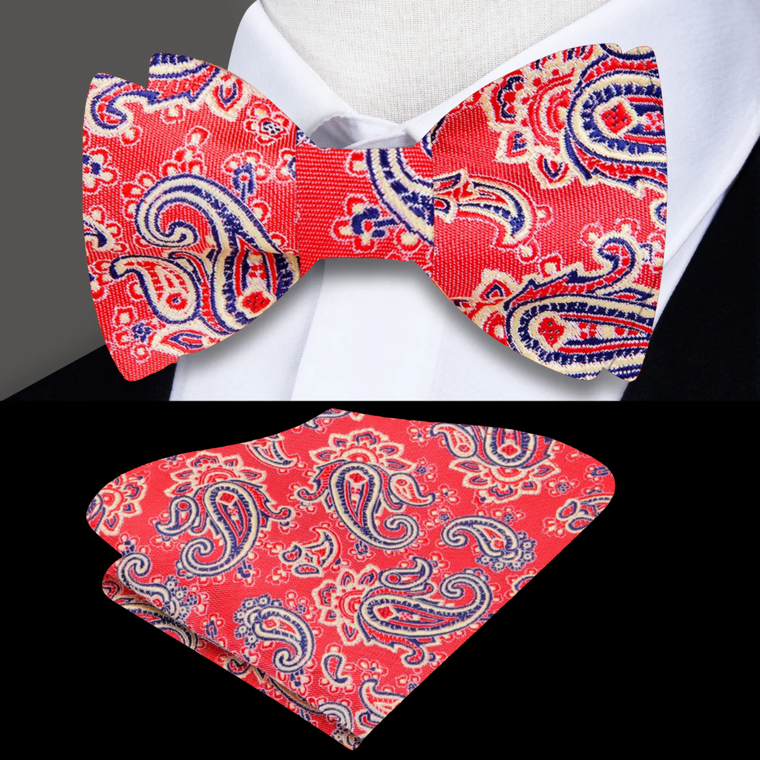 Main View: A Sunset, Black Paisley Pattern Bow Tie, Matching Pocket Square
