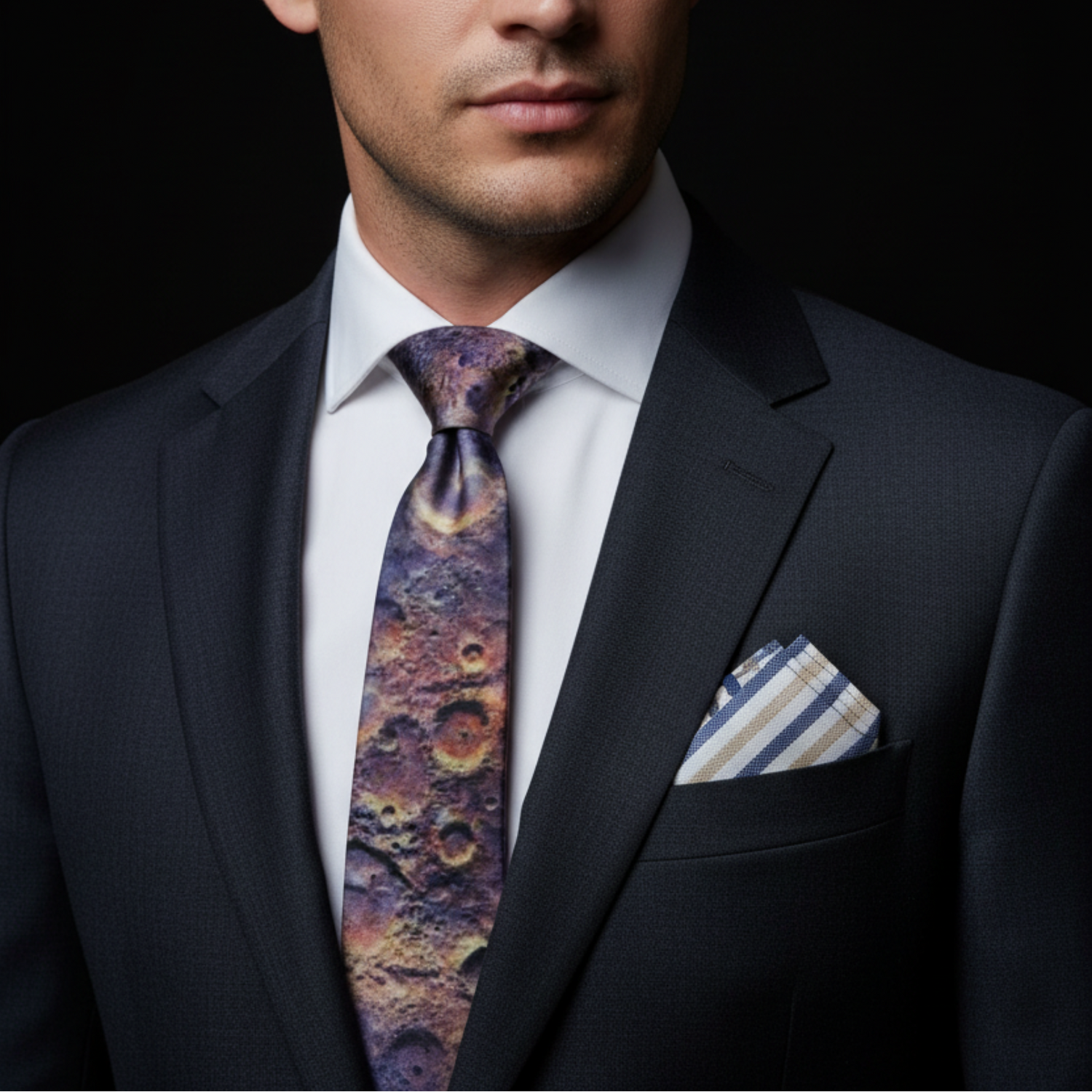 Man wearing a dark suit with a patterned tie and striped pocket square on a black background