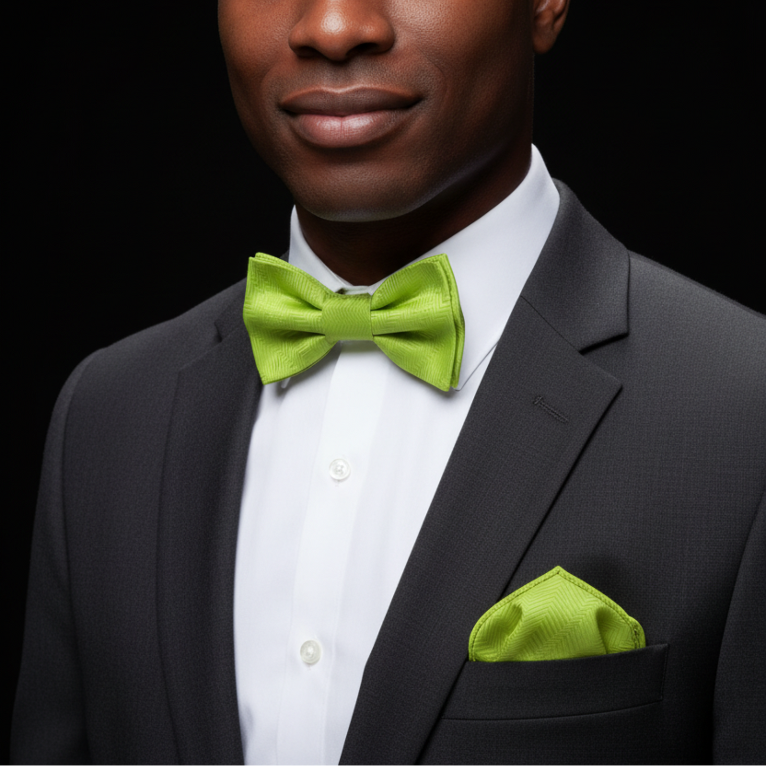 Man wearing a gray suit with a white shirt and green bow tie and pocket square against a black background