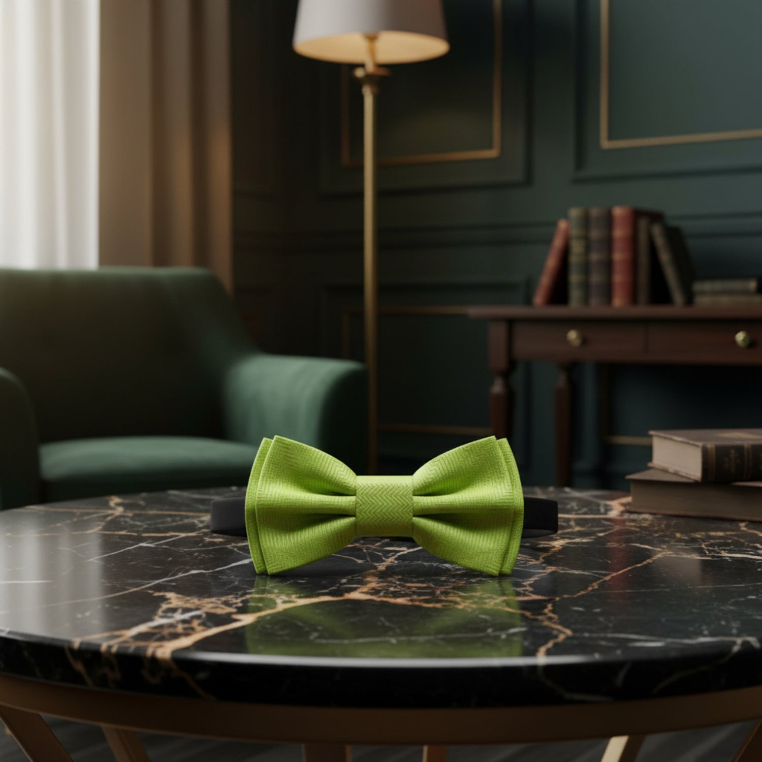Green bow tie with a handle on a dark marble surface
