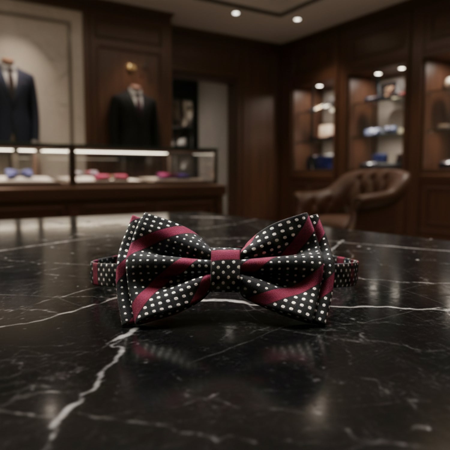 Black red stripe dot bow tie on marble