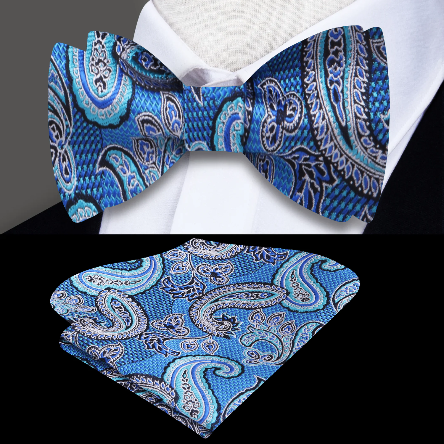 Blue, Green and Purple Paisley Bow Tie and Pocket Square