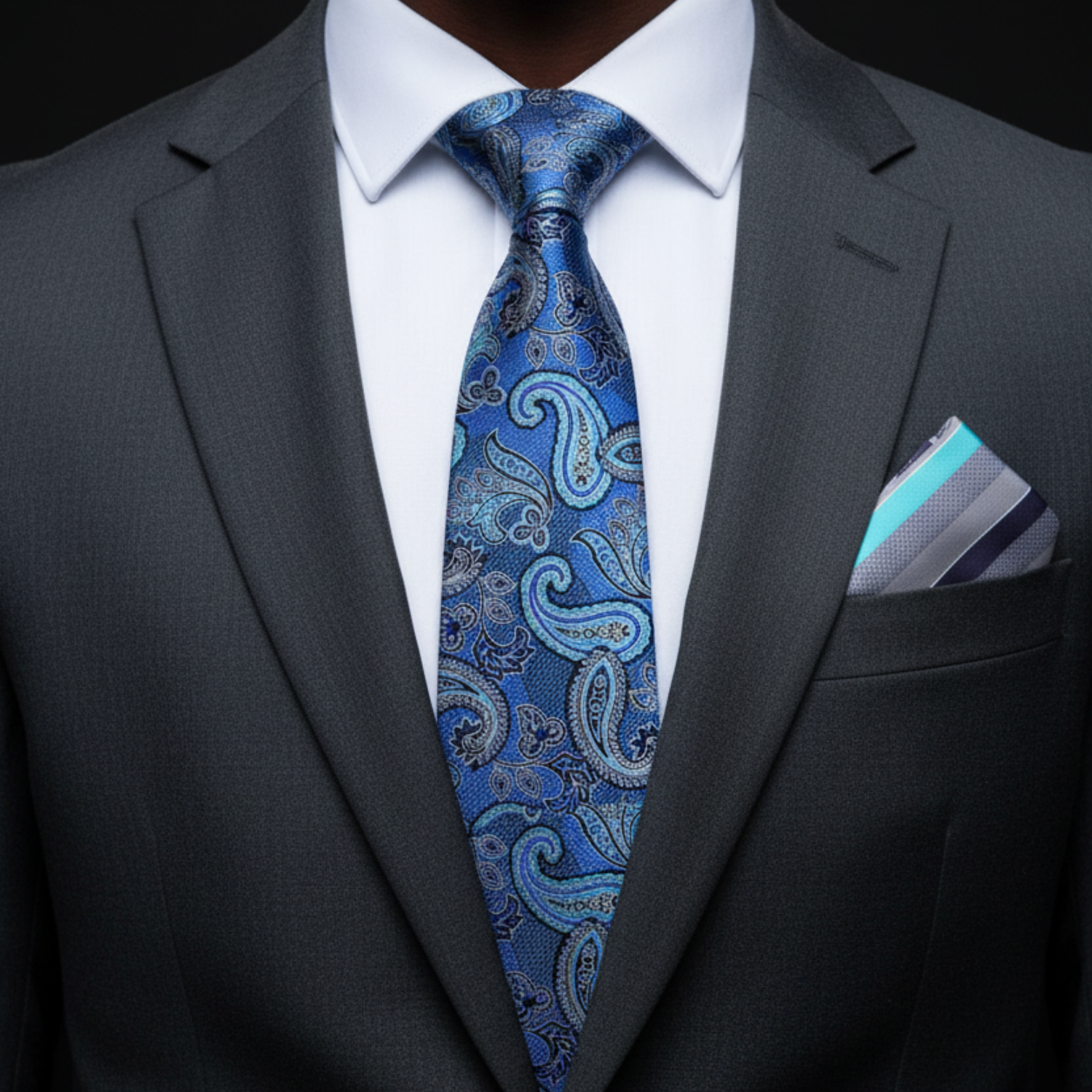 Blue paisley tie and accenting square